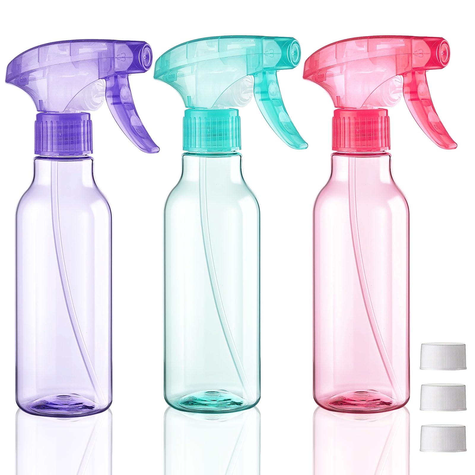 Decorniqu Plastic Spray Bottles 260ml 3 Pack Refillable Empty Water Spray Bottle Fine Mist/Stream Heavy Duty Spraying Bottle for Hair Cleaning Solutions Cooking Plant Essential Oils(Pink Green Purple)