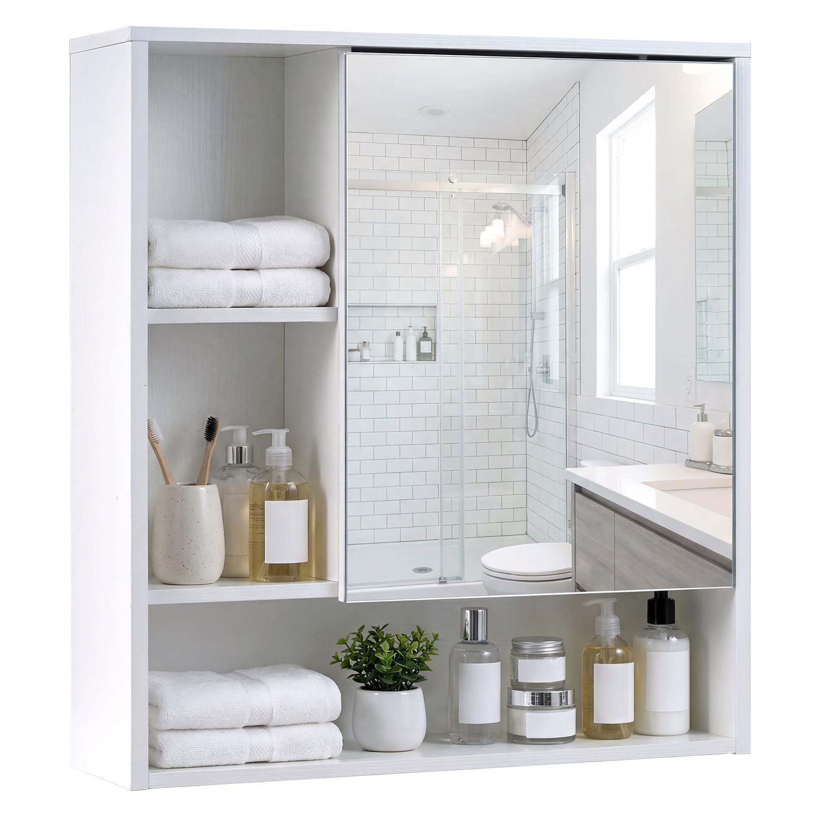 COSTWAY Armoire Murale de Salle de Bain avec Porte Miroir, Armoire à Pharmacie avec Porte et 3 Compartiments Ouverts, Armoire Suspendue, Meuble de Rangement, 16 x 56 x 61 cm (Blanc)