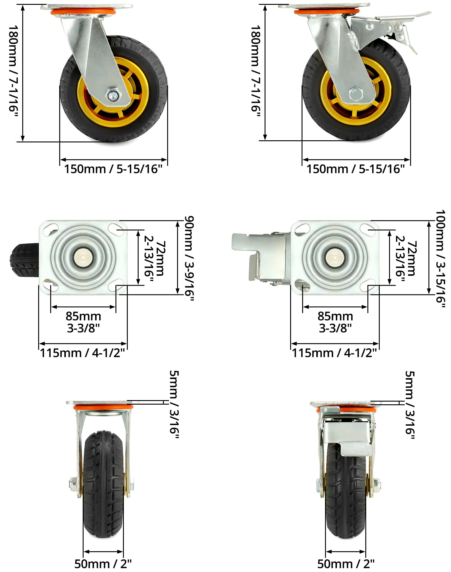 QWORK® 4X Ruote per carichi pesanti 150 mm, Ruote girevoli fino a 250 kg per ruota, per trasporto di mobili e trasporto industriale (2 ruote girevoli + 2 ruote freno)