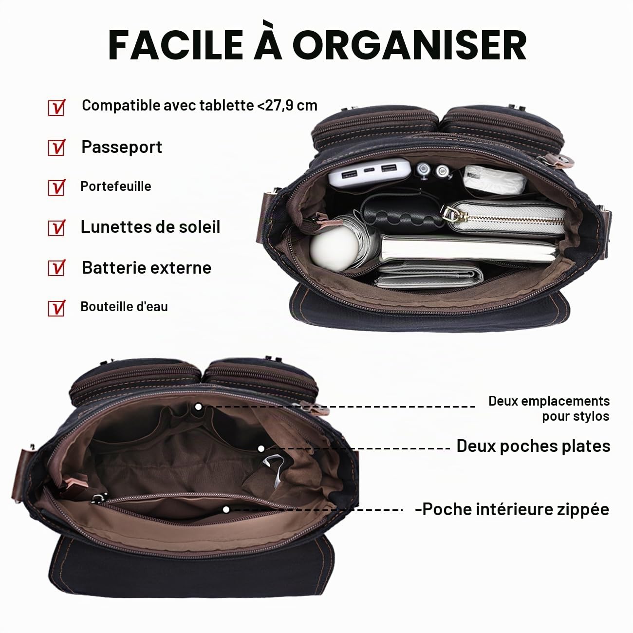 Sacoche Homme Femme, Léger Multi-poches Sac Bandoulière Homme Femme en Toile Vintage 11 Pouces Besace Pochette Porté Epaule pour Affaires Travail Voyage Scolaire