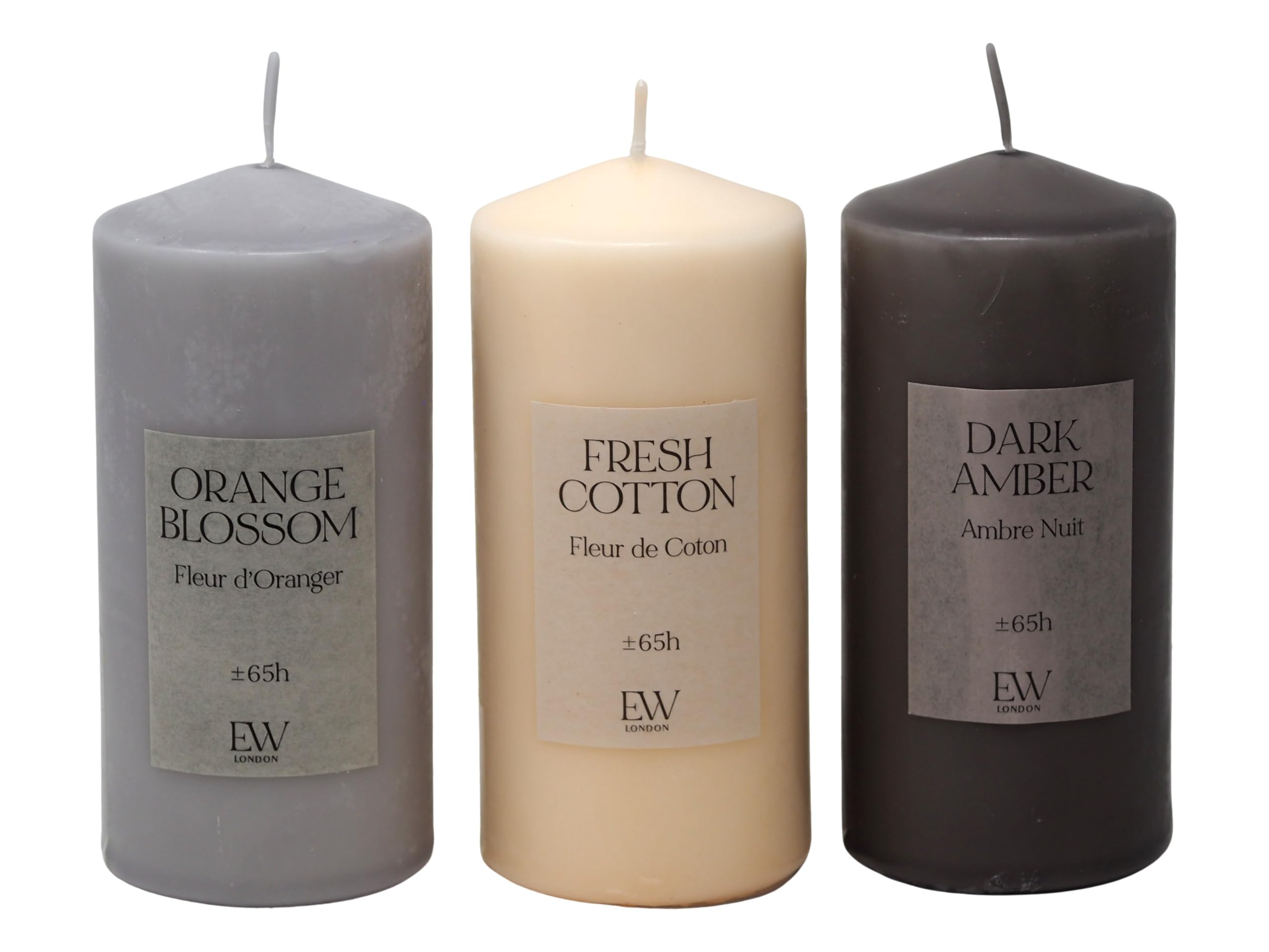 Scented 15cm Pillar Candles 65 Hour Burn Time Dark Light Grey Cream - Set of 3