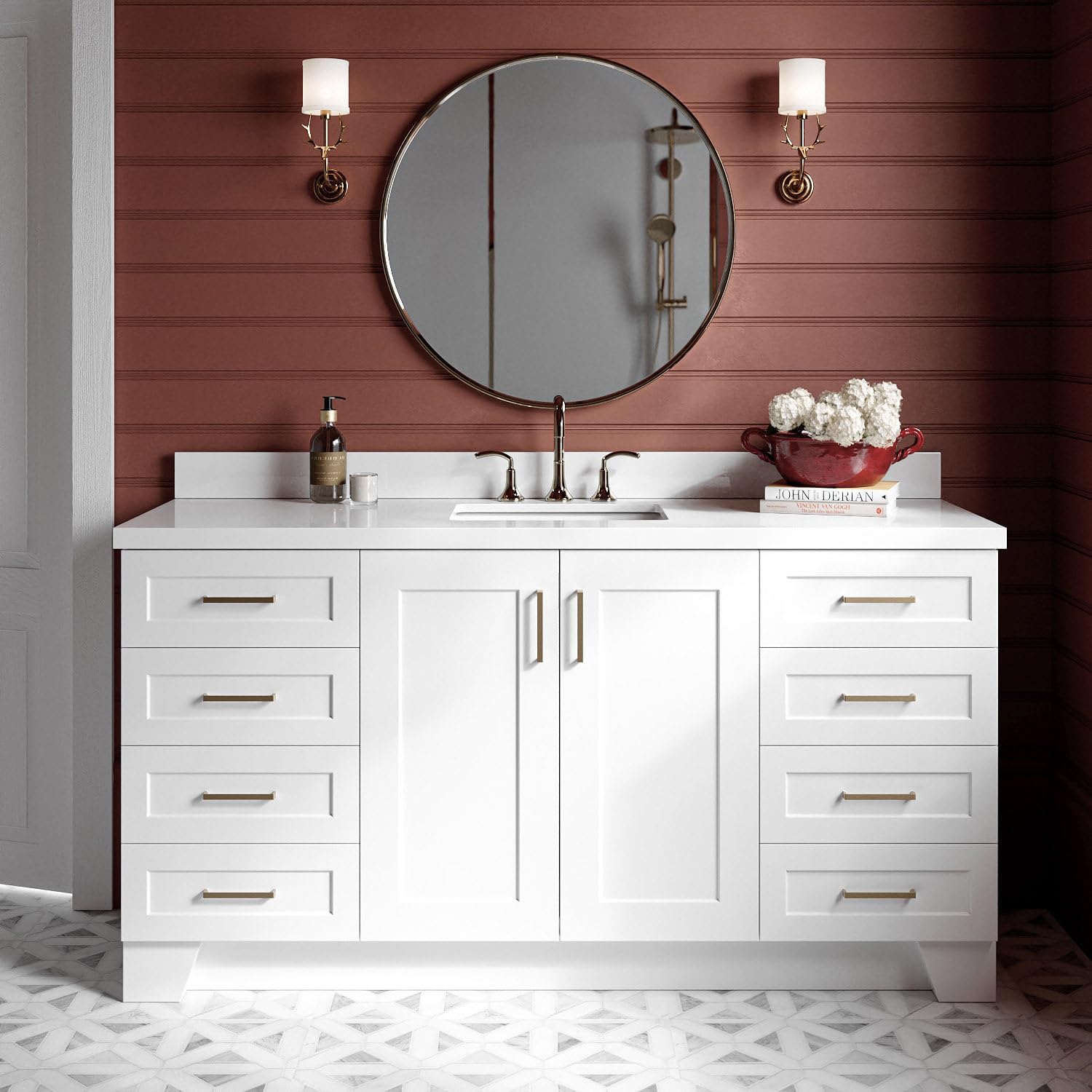 ARIEL Taylor 66-inch Bathroom Vanity with Sink,Solid Wood, 1.5-inch Pure White Quartz Countertop & Backsplash, Single Oval Porcelain Sink, 2 Soft Closing Doors, 9 Dovetail Drawers, Satin Brass, White