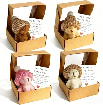 4Pcs Worry Bear Hug in a Box, A Little Pocket Bear Hug, Mini Bears with Inspirational Card, Small Teddy Bear with Knitted Hat, Emotional Support Plush, Positive Gifts for Kids Friends