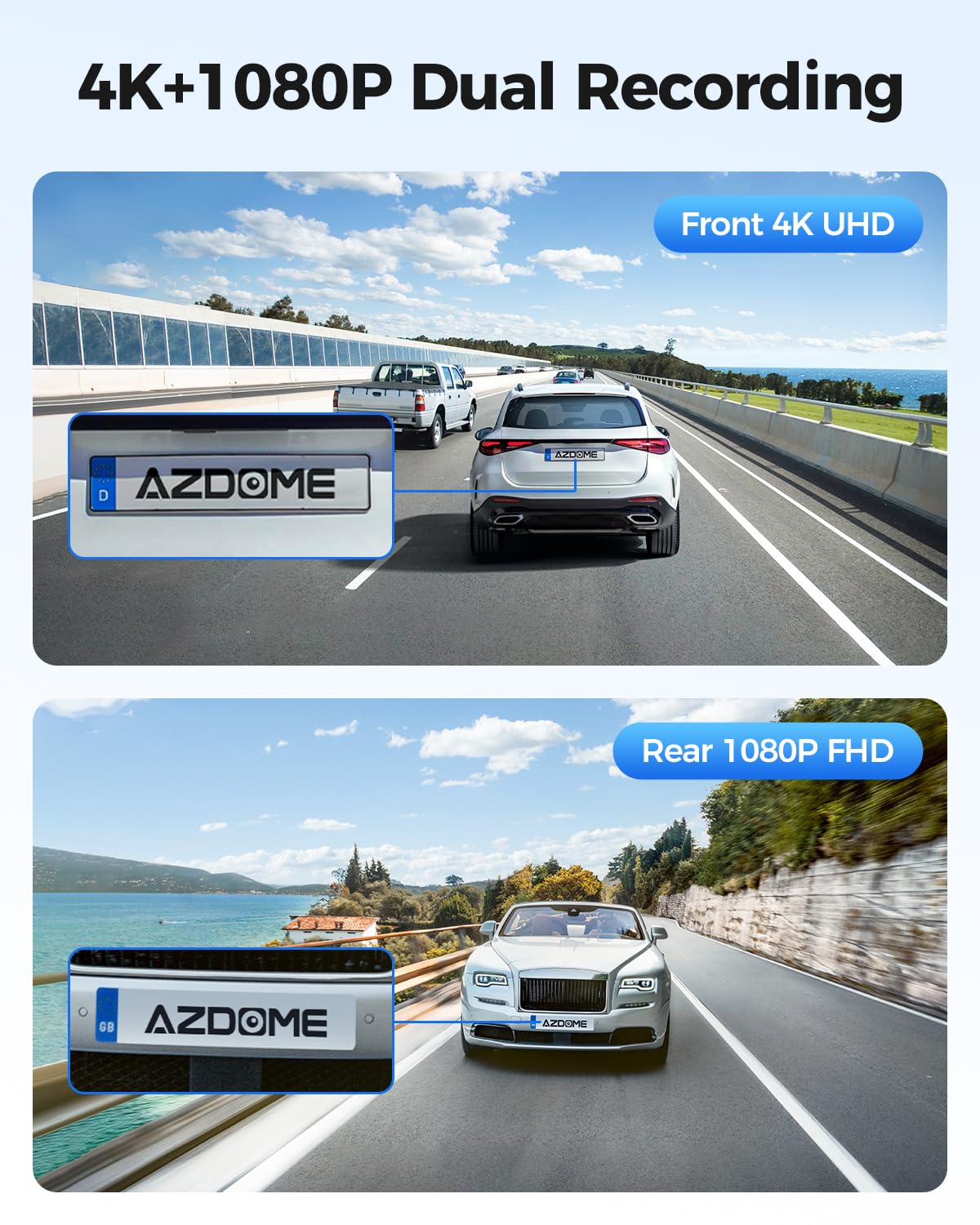 AZDOME 4K Dashcam Voiture Avant Arrière, WiFi GPS Caméra Embarquée Voiture avec Carte SD 64G, ADAS, Camera Voiture Vision Nocturne, WDR, G-Capteur, Mode Stationnement 24H, Enregistrement en Boucle