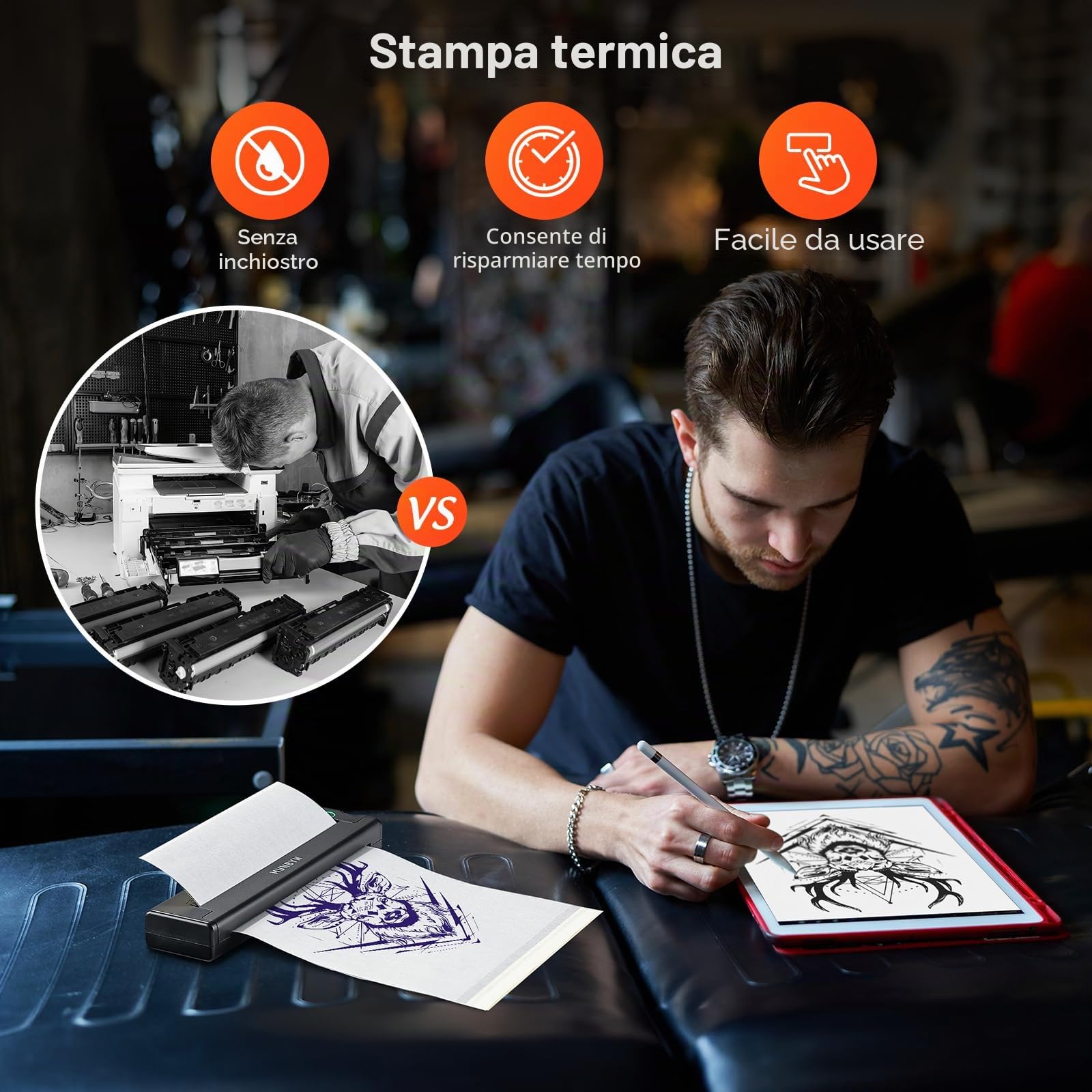 MUNBYN ITP05 Stampante Termica Tattoo Bluetooth 2600 mAh, 20 Fogli Carta Transfer, Nero