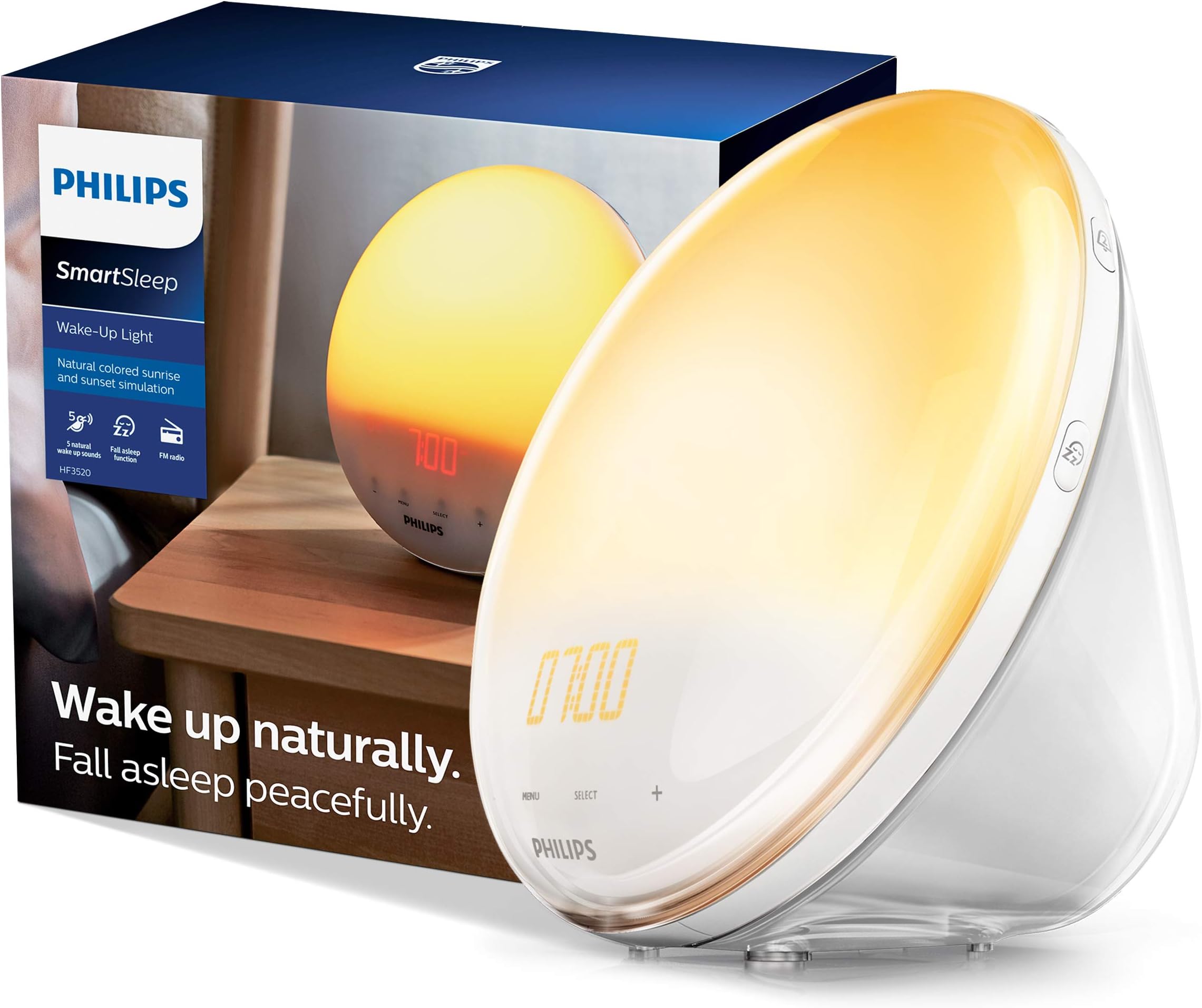SmartSleep Wake-up Light, Coloured Sunrise and Sunset Simulation, 7 Natural Sounds, FM Radio & Reading Lamp, Tap Snooze (Model HF3531/01)