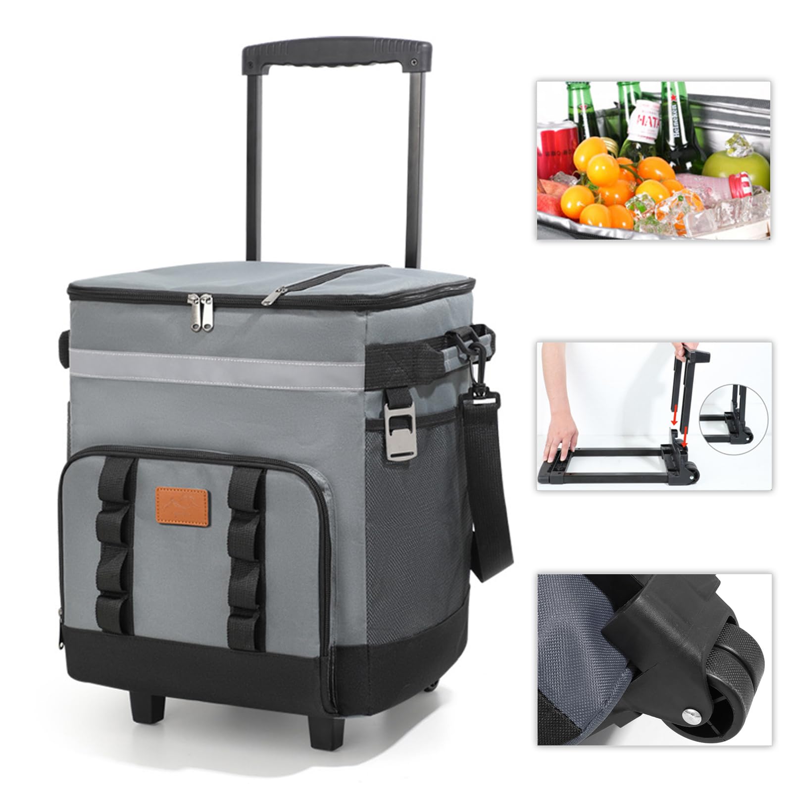 Collapsible Rolling Cooler - 60 Cans/35L, Insulated With Wheels/Shoulder Strap, 3 Carry Options, Large Travel Bag for Grocery Shopping
