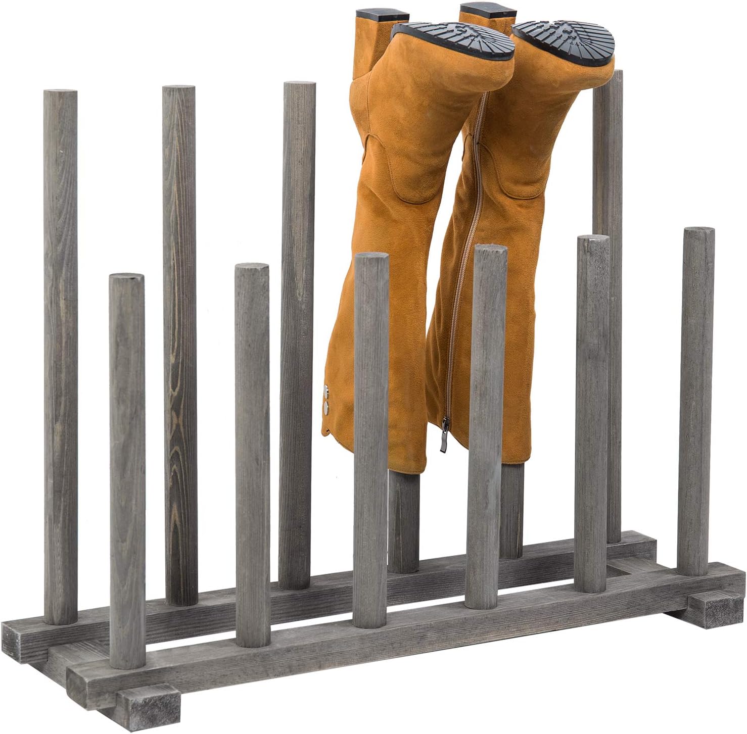 MyGift Rustic Solid Dark Gray Wood Free Standing Boot Rack Stand with