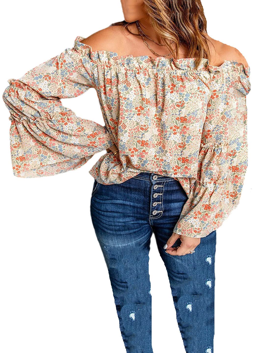 Camicetta in Chiffon con Maniche a Lanterna con Spalle Scoperte da Donna Top a Maniche Lunghe a Campana con Stampa Floreale Oversize