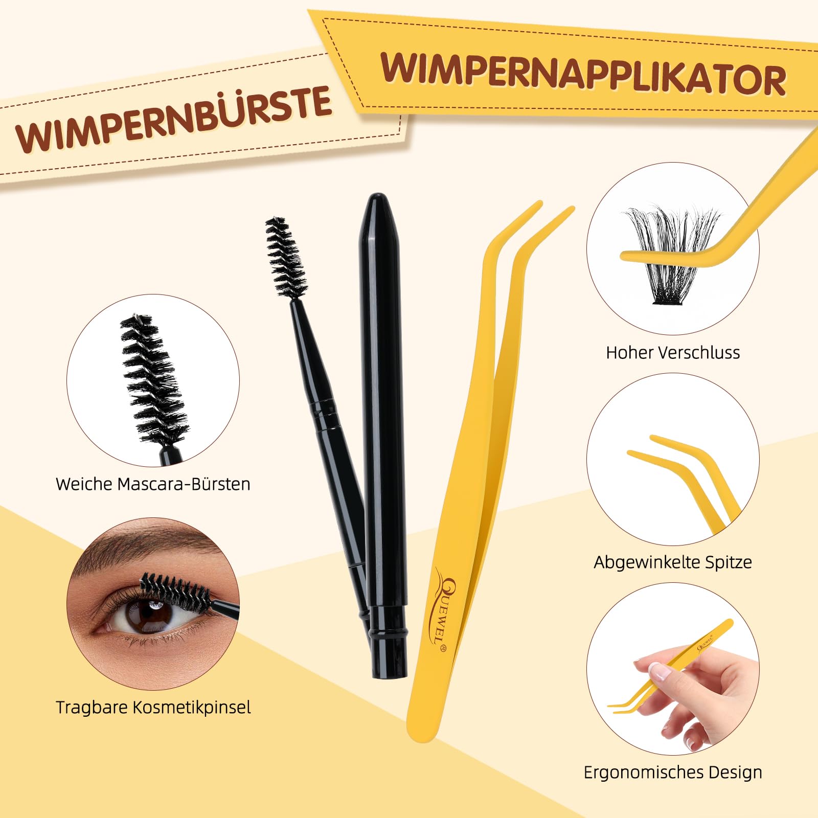 QUEWEL 300 PCS Kit Extension Cils, Extension Cils 10 à 20 mm avec colle à cils et joint, imperméable, Pince Faux Cils et brosse à cils pour une utilisation à la maison (Dense01-KIT)