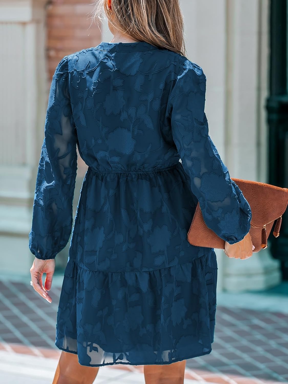 CUPSHE Women Ruffle Lace Mini Fall Dresses Semi Formal Wedding Guest Dress V Neck Long Puff Sleeve Elastic Waist Tie - Image 2