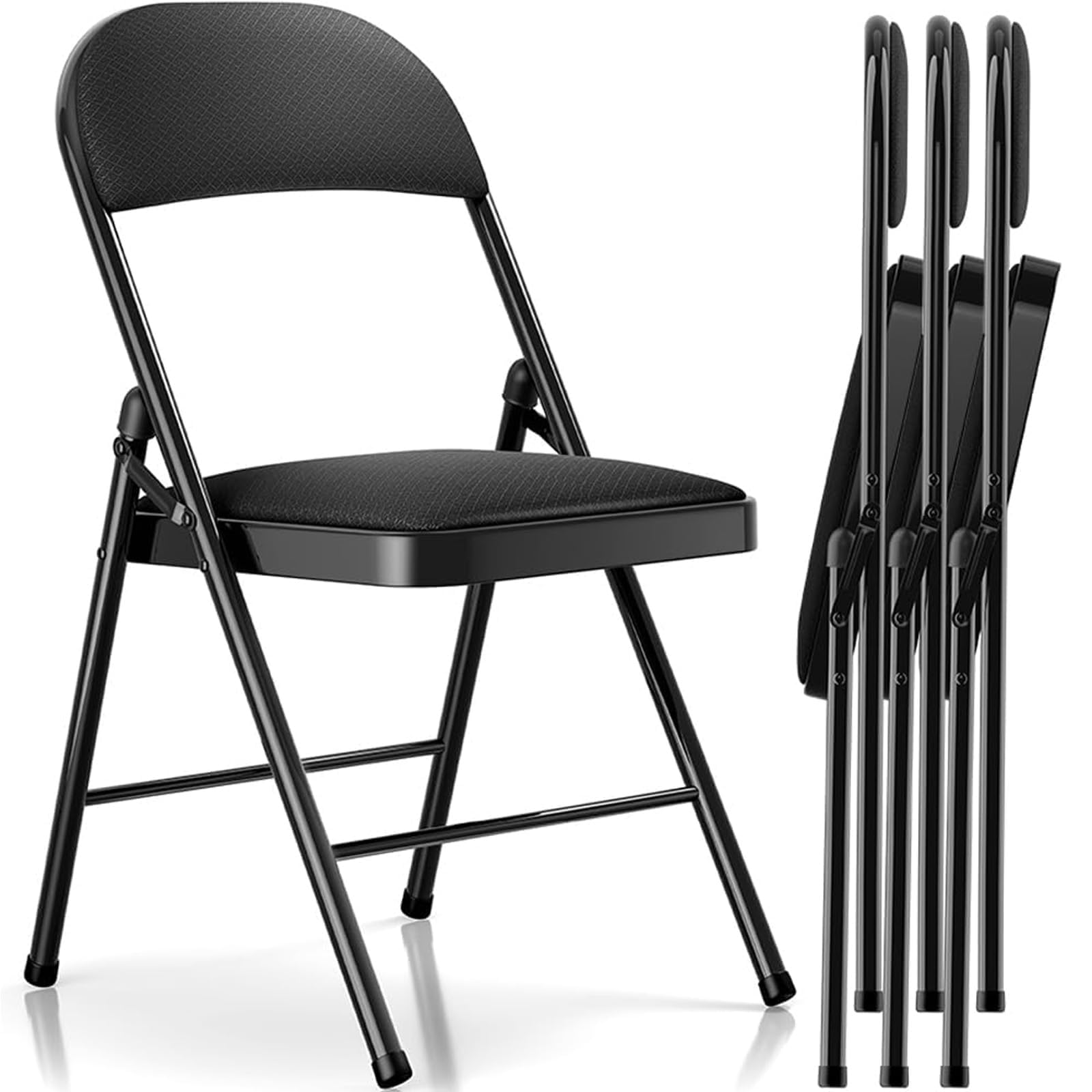 Fenbeli 4 Pack Folding Chairs with Cushion – Black Padded Foldable Chairs with Backrest, Metal Frame and Sponge Seat, Portable Foldable Chairs for