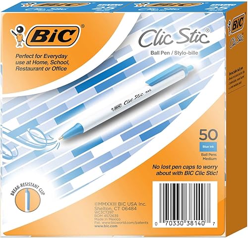 BIC Clic Stic - Bolígrafo retráctil, punta media de 0.039 pulgadas, 50 unidades (azul)