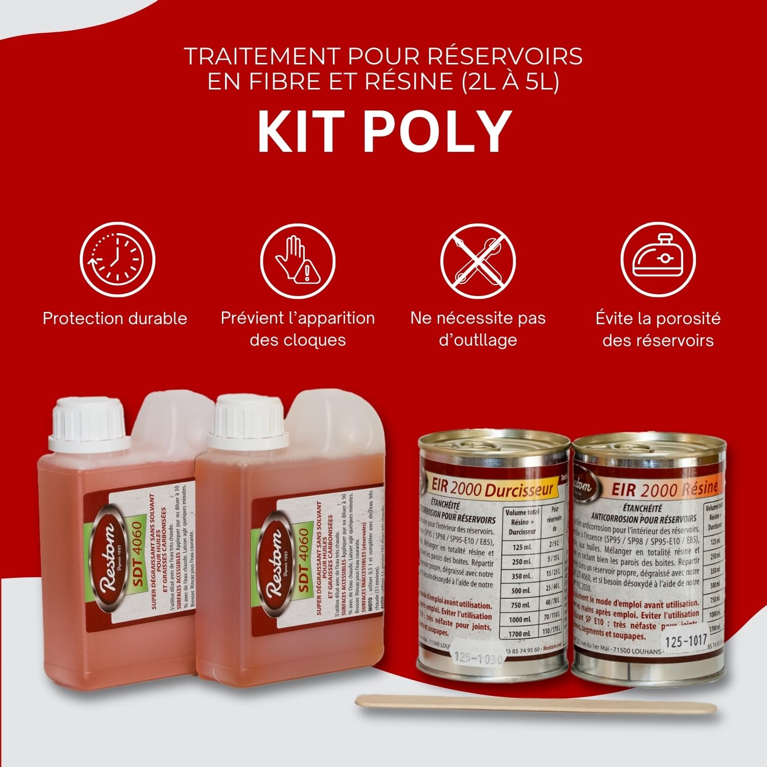 Restom - Kit Poly - pour réservoir en Plastique, Fibre et résine Entre 2L et 5L - Traitement intérieur de réservoir - Pallie la porosité des réservoirs