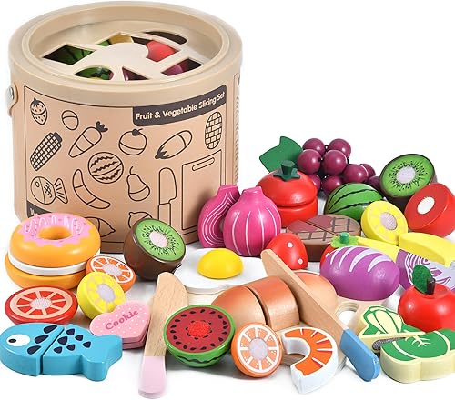 WHOHOLL Juego de comida de madera para niños de cocina, accesorios de cocina para simular, cortar alimentos, juguetes Montessori para niños de más