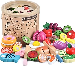 WHOHOLL Wooden Play Food for Kids Kitchen Playset, Play Kitchen Accessories Pretend Cutting Food Montessori Toys for 2+ Year Old with Basket, Toy Food for Fine Motor Skills