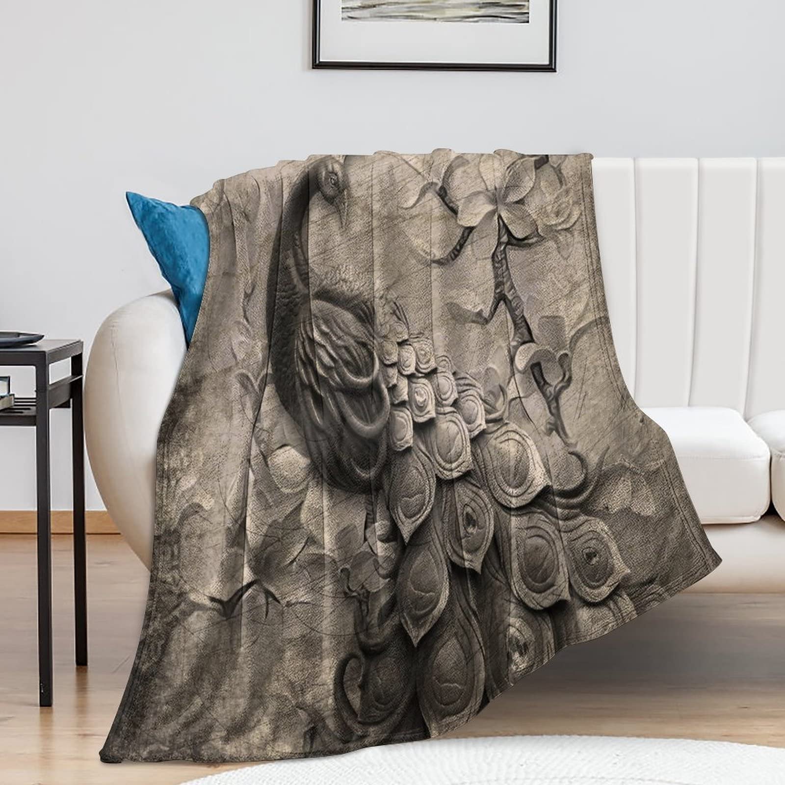 Couverture polaire motif paon flanelle anti-froid pour canapé et lit 127x152 cm