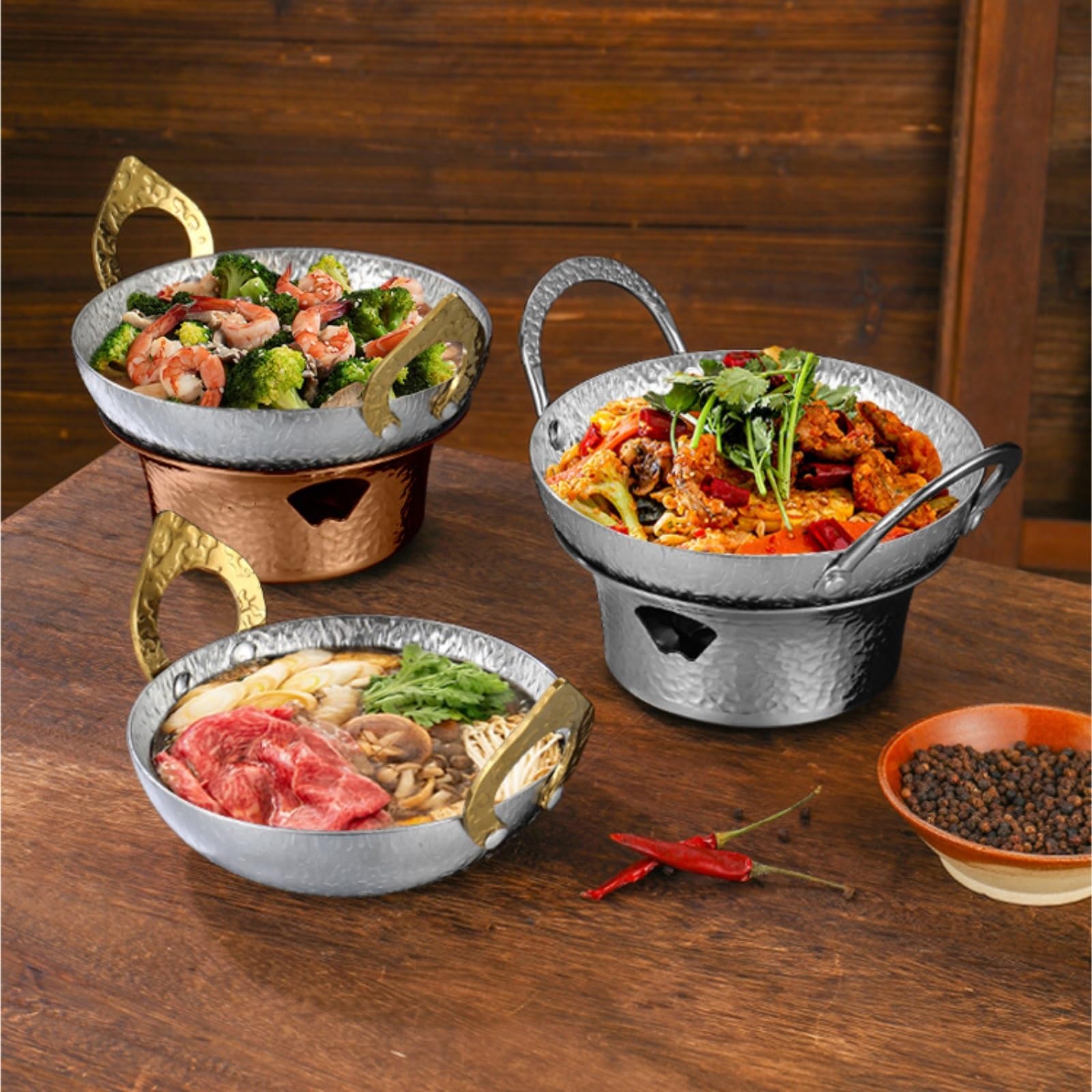 Calentadores de Comida Juego de frotamiento for Buffet, Platos Calentadores de Comida for Buffet con Doble asa y Estufa de Cocina, vajilla de Acero Inoxidable(Silver,28cm)