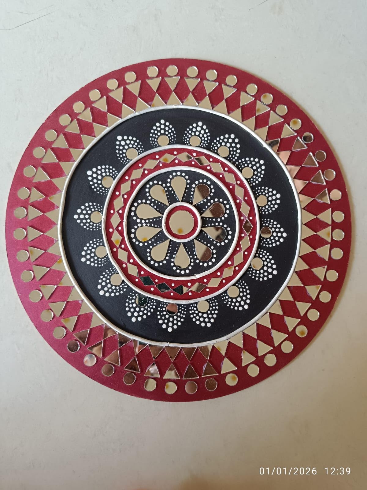 Handmade Lippan Art Wall Hanging, Red and Black Mandala Design, Round MDF Board Wall Decor-image-20