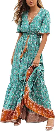 Womens Summer Cotton Short Sleeve V Neck Floral Print Casual Bohemian Midi Dresses