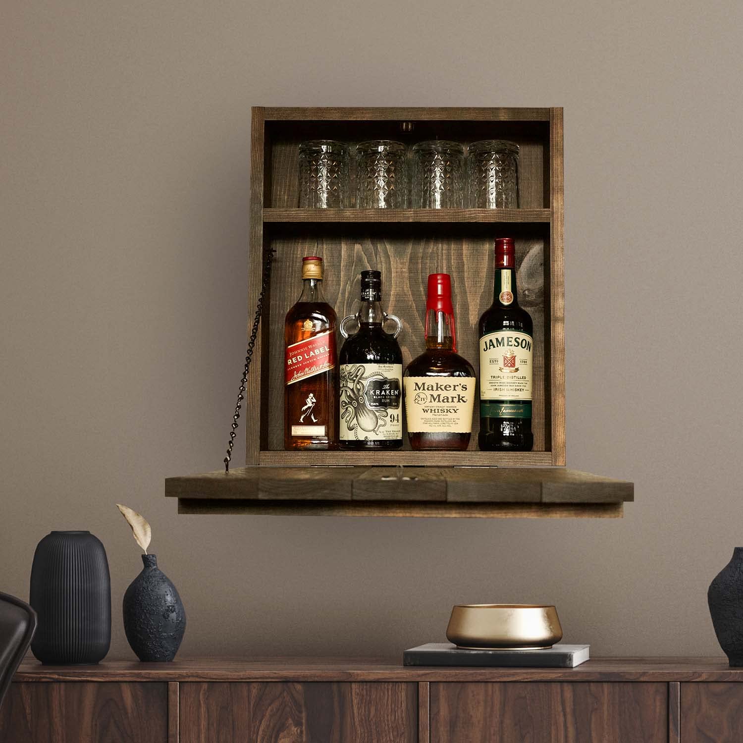 Wall Mounted Liquor Hanging Mini Bar with Fold Down