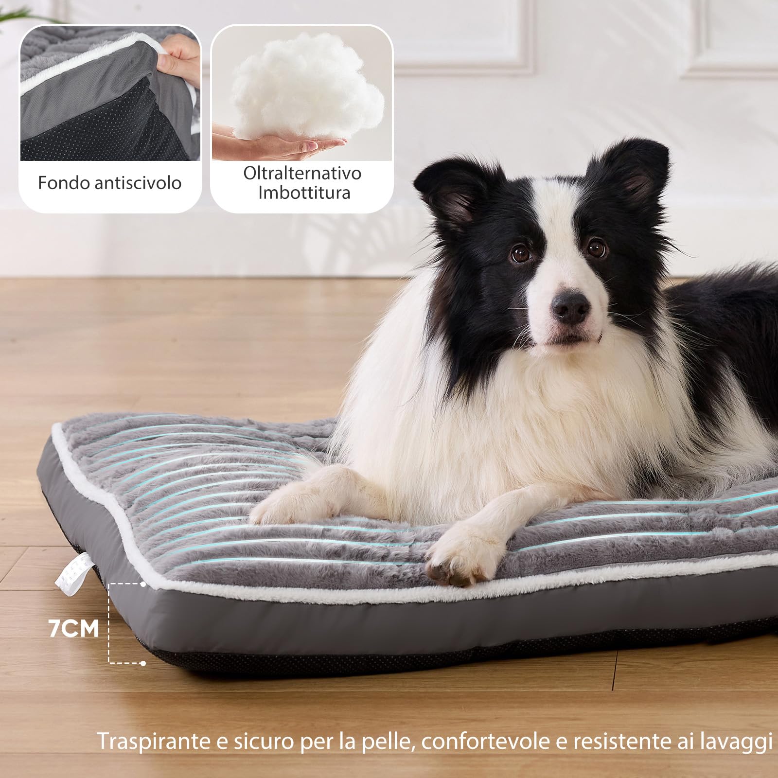 Cuccia Cane Grande: Letto per Cani Lavabile – (106 x 70 x 7 cm) | Tessuto in Morbido Peluche – Base Antiscivolo – Ideale per il soggiorno, la gabbia, il bagagliaio dell'auto Grigio