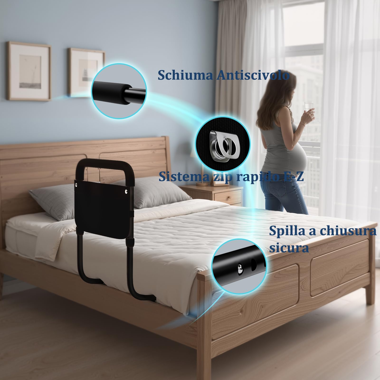 Griglia per letto per anziani e disabili, manico di sicurezza con ringhiera regolabile in altezza e design rimovibile, facile da installare (nero)