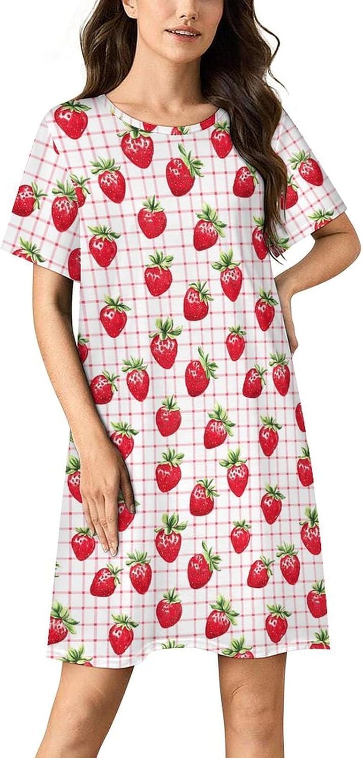 Gingham Pattern Strawberry Nightgowns for Women Short Sleeve Sleep Dress Casual Sleepshirt Night Gowns Pajamas