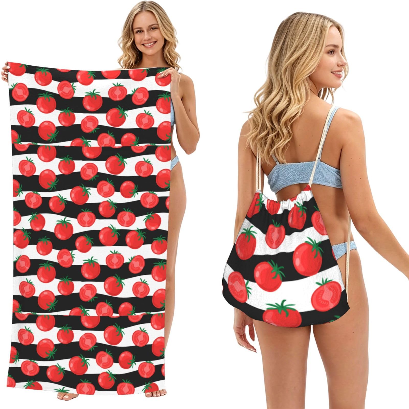 Poadnly As Picture Red Tomatoes With Streak, 2 In 1 Packable Towel Bag, Beach Towels With Drawstring Backpack For Travel Holiday Camping