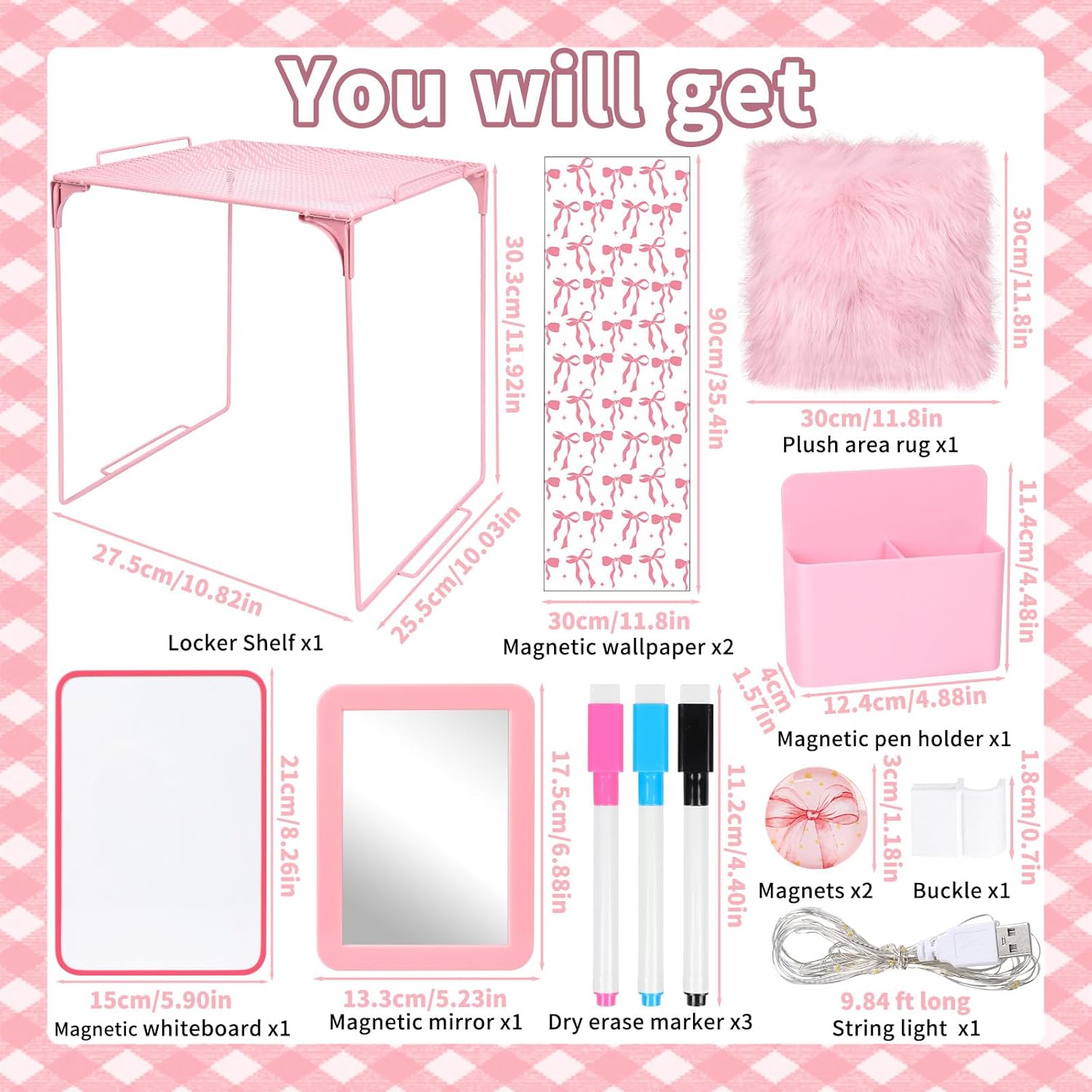 14 PCS Pink Locker Accessories Kit Back to School Locker Decorations Supplies for Girls with Locker Shelf Magnetic Wallpaper Whiteboard Mirror Organizer Markers Rug String Lights and Cute Bow Magnet