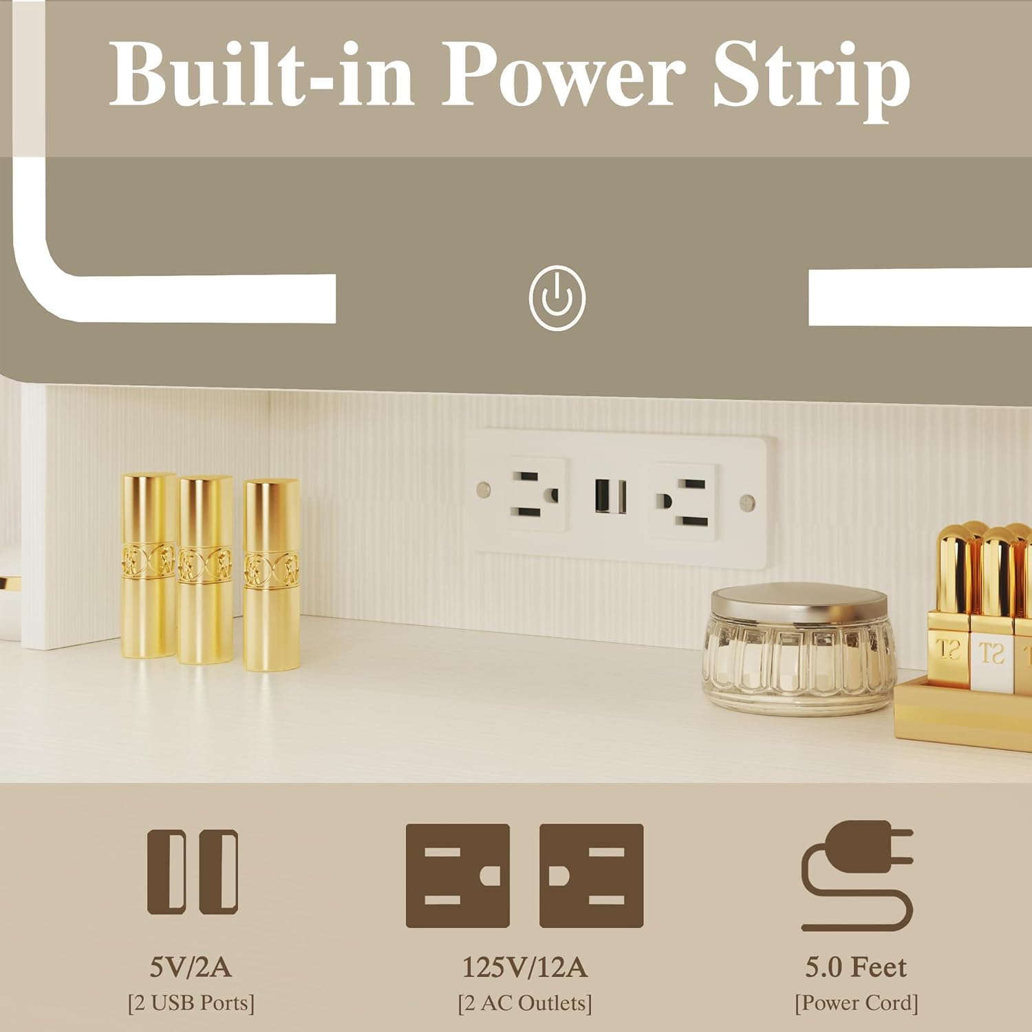 Vanity Desk with Mirror and Lights, Small Vanity with Fabric Storage Drawer & Hidden Storage Shelves, Makeup Vanity with Fold-up Panel & Power Outlet, for Bedroom, White