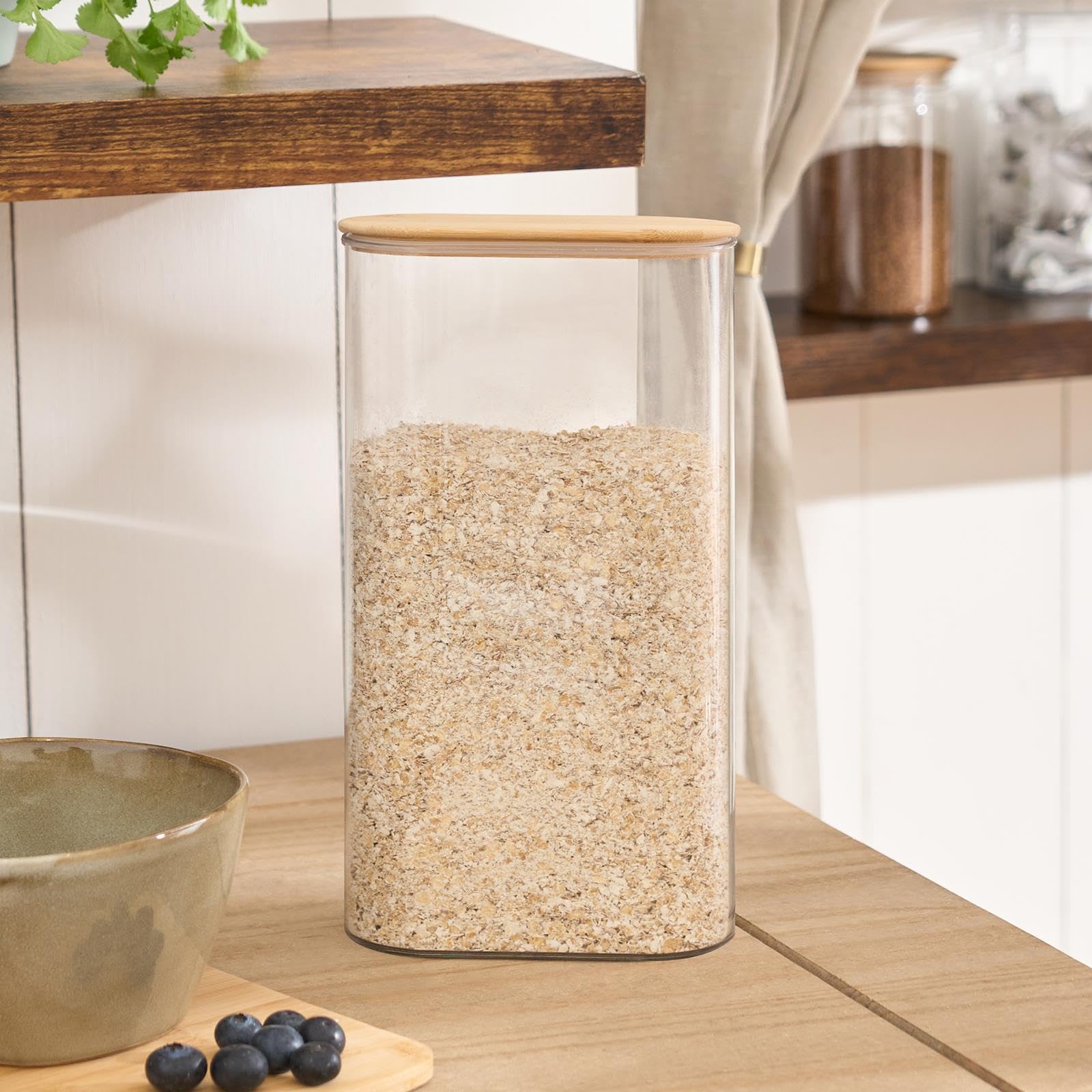 Ohs Clear Food Storage Containers With Bamboo Lid, Bpa Free Oval Plastic Jars Large Airtight Kitchen Storage For Dry Food Cereal Sugar Spices And Baking Supplies,