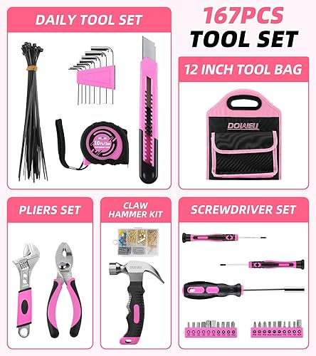 Miniatura 2 de DOWELL Kit de herramientas rosa para niños, 167 piezas, perfecto para bricolaje, mantenimiento del hogar, kit de herramientas para mujer para casa,