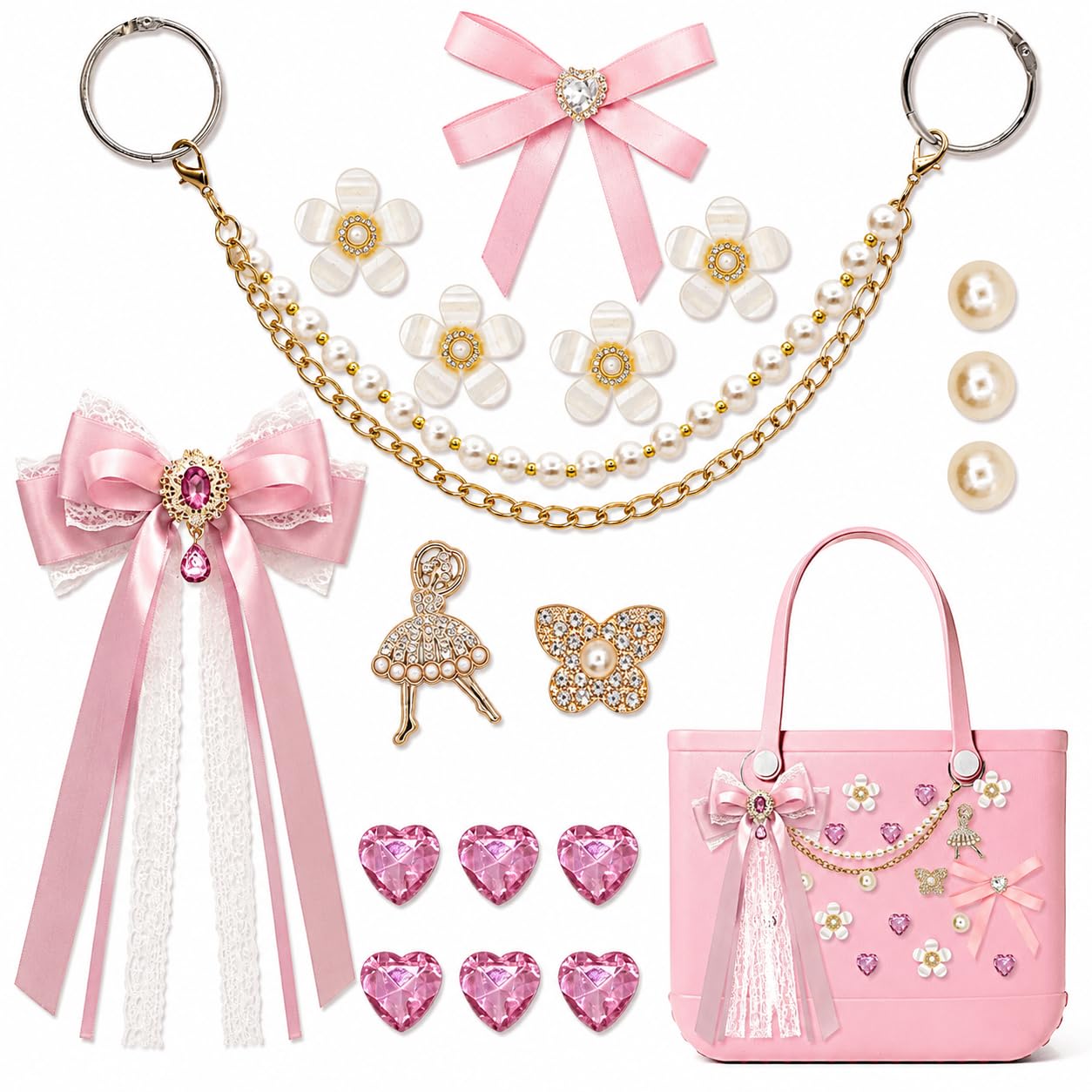 Bijoux pour sac Bogg en perles et strass brillants roses