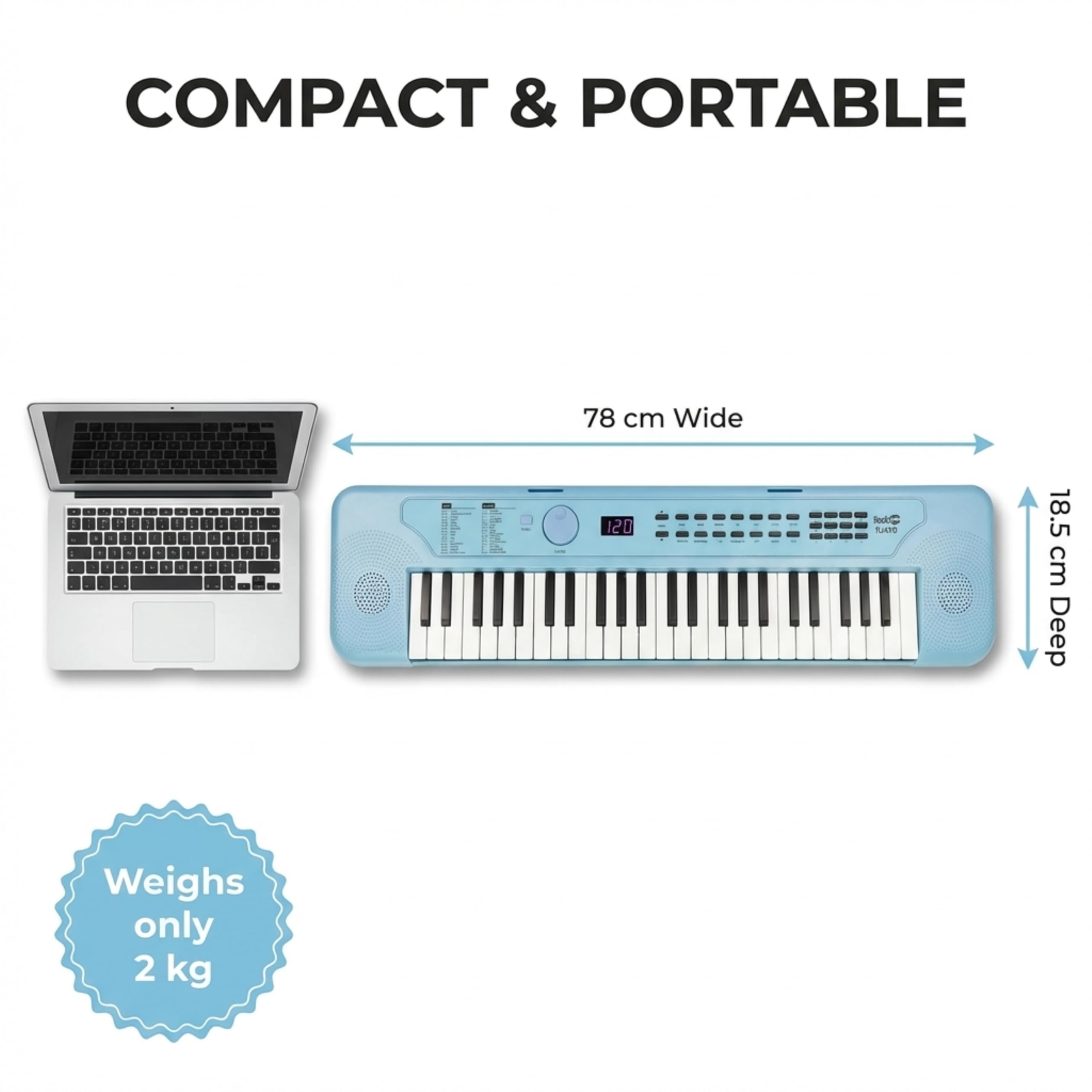 RockJam RJ490BB Mini Tastiera Pianoforte 49 Tasti, Sintetizzatore Elettronico Portatile Azzurro con USB-C, Altoparlanti, Jack Cuffie, 200 Suoni e Ritmi