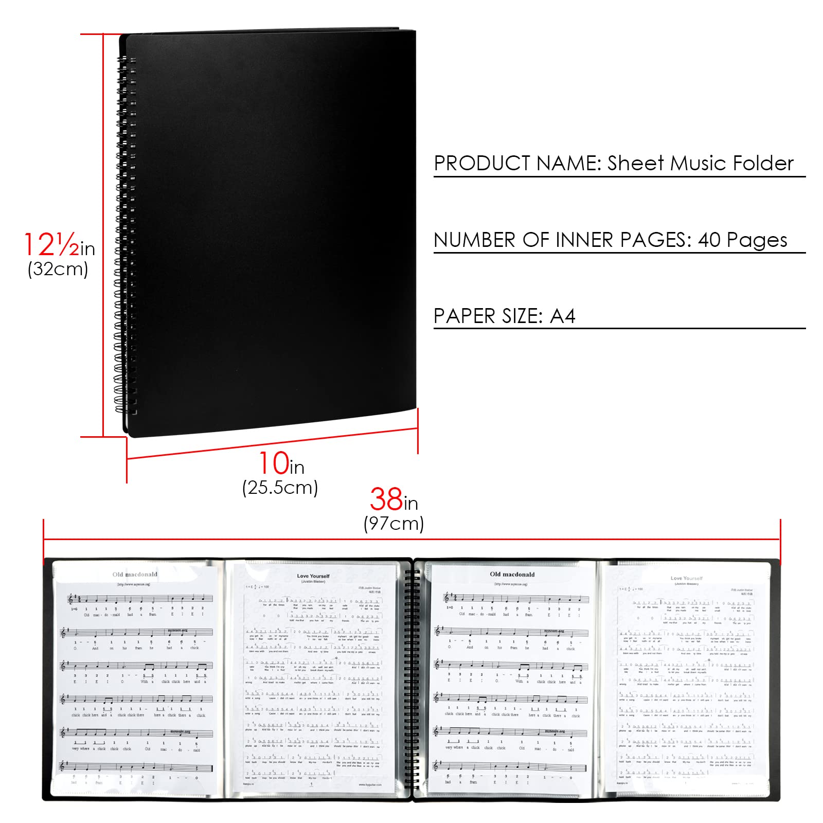 Musiin Sheet Music Folders Music Binder 4 Pages Expand Spiral-Bound A4 Size 15 Sleeves 60 Pockets Music Folder Organizer (Black) - Image 3