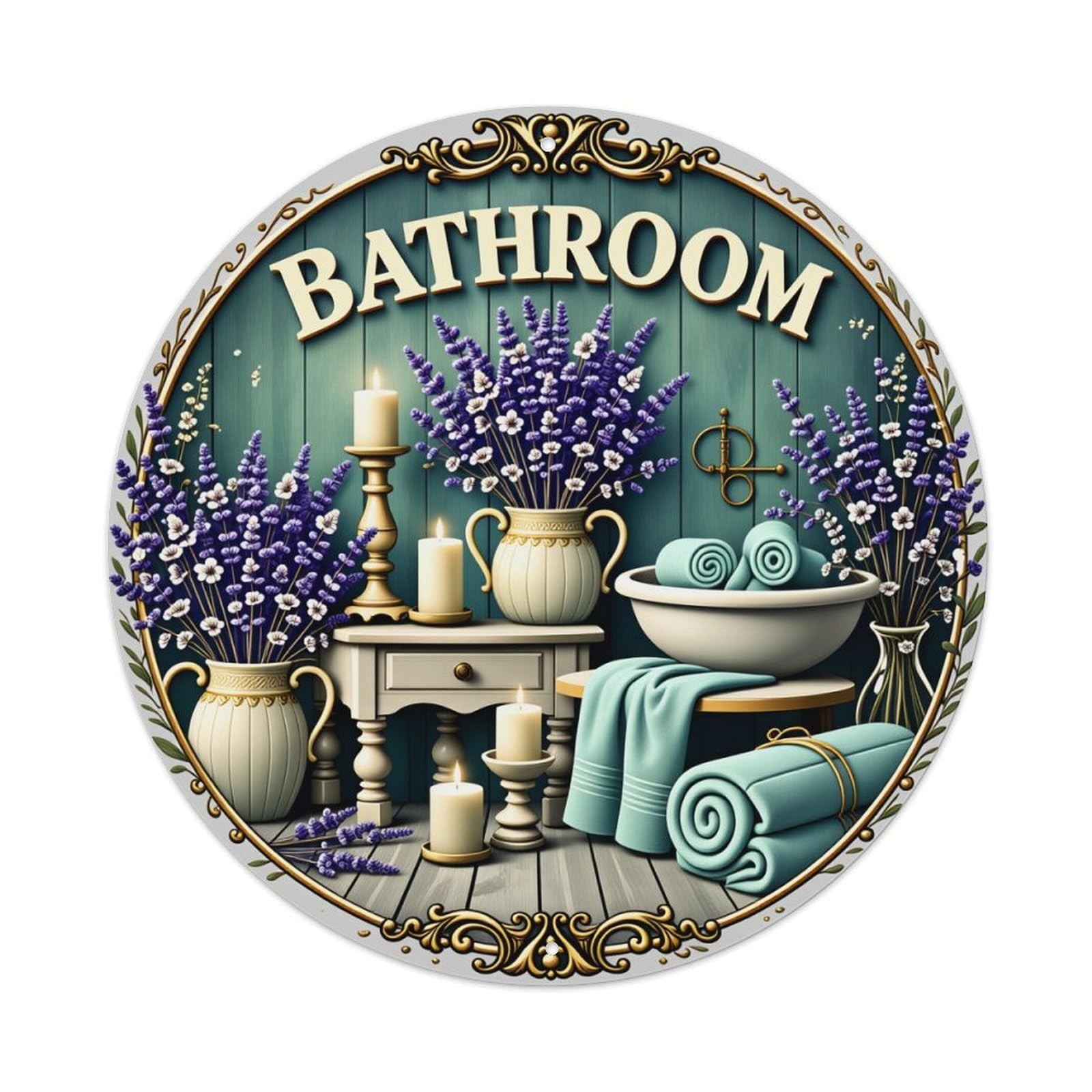 Bathroom Lavender Candles Towels Vases Round Tin Sign Vintage Style Metal Sign Home Bar Garden Wall Plaque Decor Metal Poster 8x8 Inch