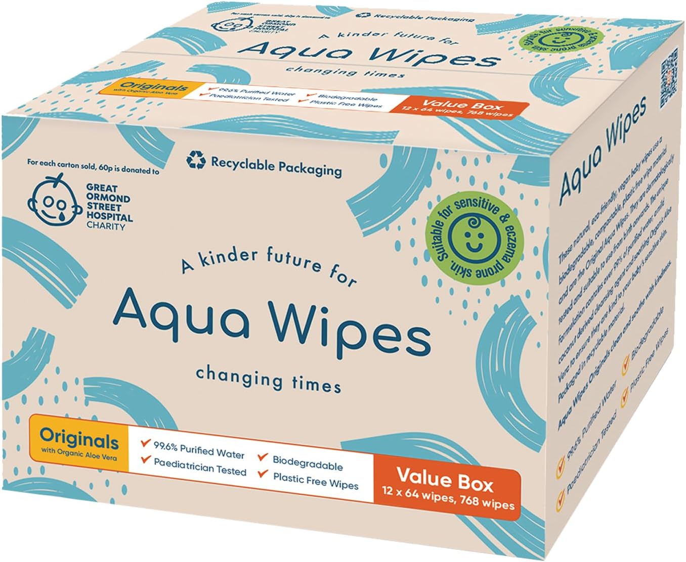 Aqua Wipes Baby Wipes, Printed Carton, 100% Biodegradable, Plastic Free Wipes, 99.6% Purified Water, Newborn Wipes, Vegan, Paraben Free, Perfume Free, NHS Approved 12 x 64 Wipe Packs (768 wipes)