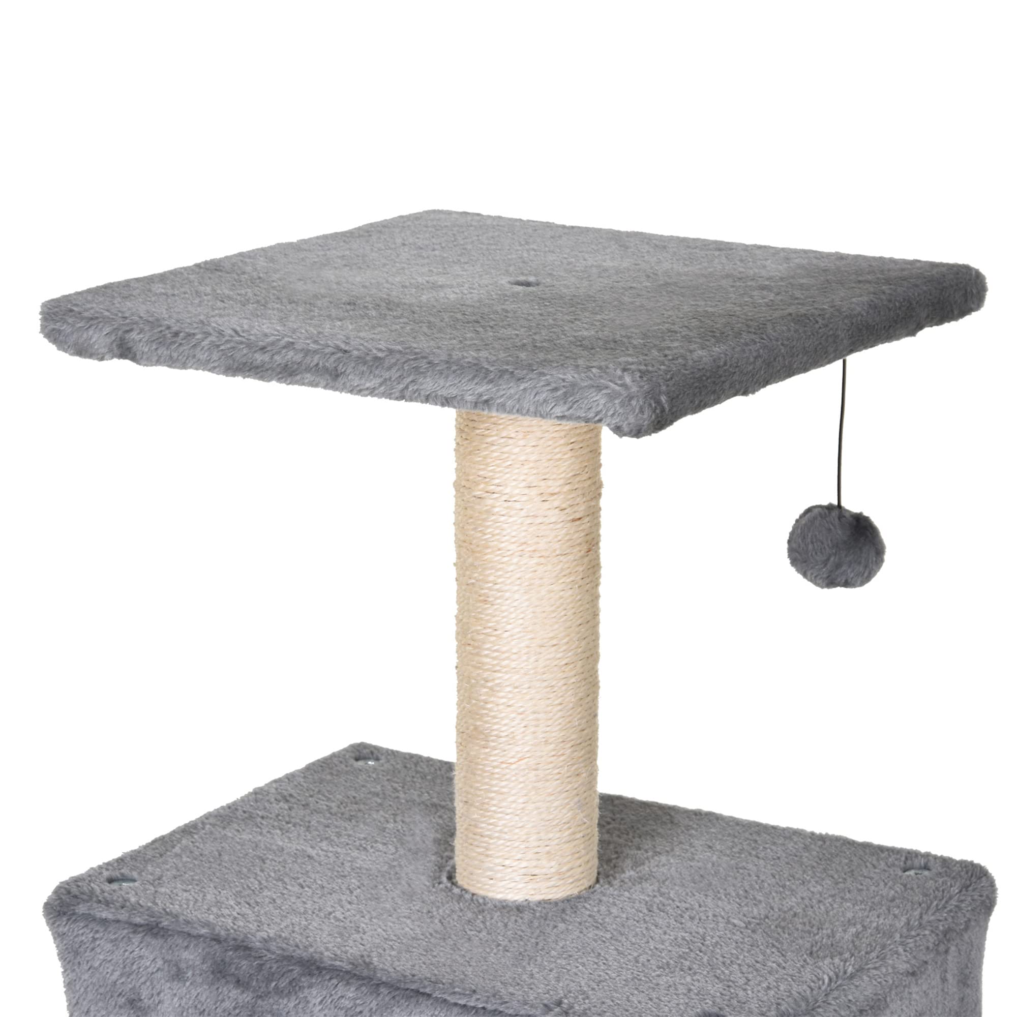 PawHut Albero Tiragraffi Accessoriato con Cuccia Lettino Sospeso e 2 Pedane in Peluche Grigio | Cuccia, Lettino Sospeso, 2 Pedane, Corda Sisal