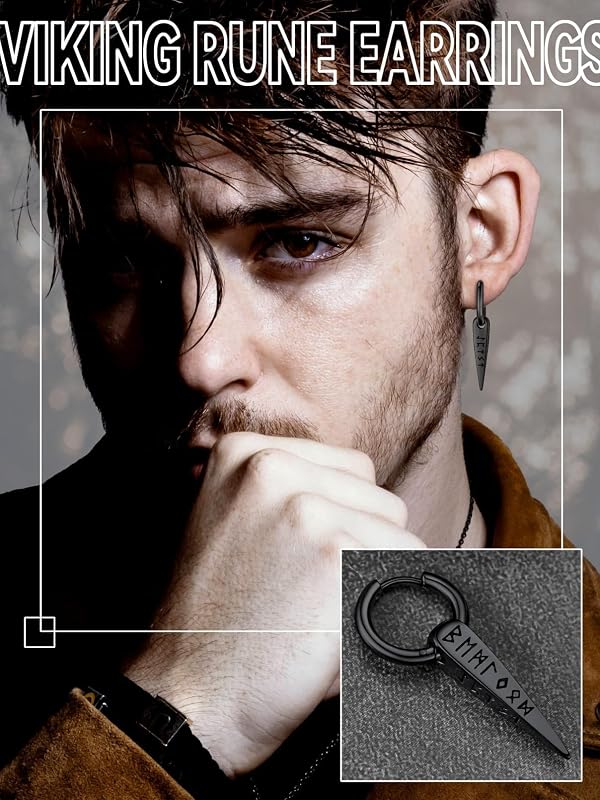 FaithHeart Viking Runes Spike Earrings for Men Black Norse Mythology Drop Earrings Vintage Runic Dangle Huggie Hoop Earrings Gifts for Dad Brother by FaithHeart - Image 2