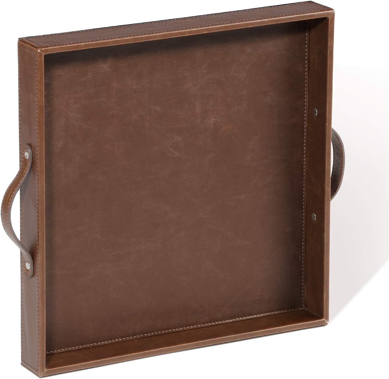 Ranslen Serving Tray with Handles,Square PU Leather Ottoman Tray for Home or Office, Drinks, Snack for Coffee Table, Home Decorative 15-inch, Brown