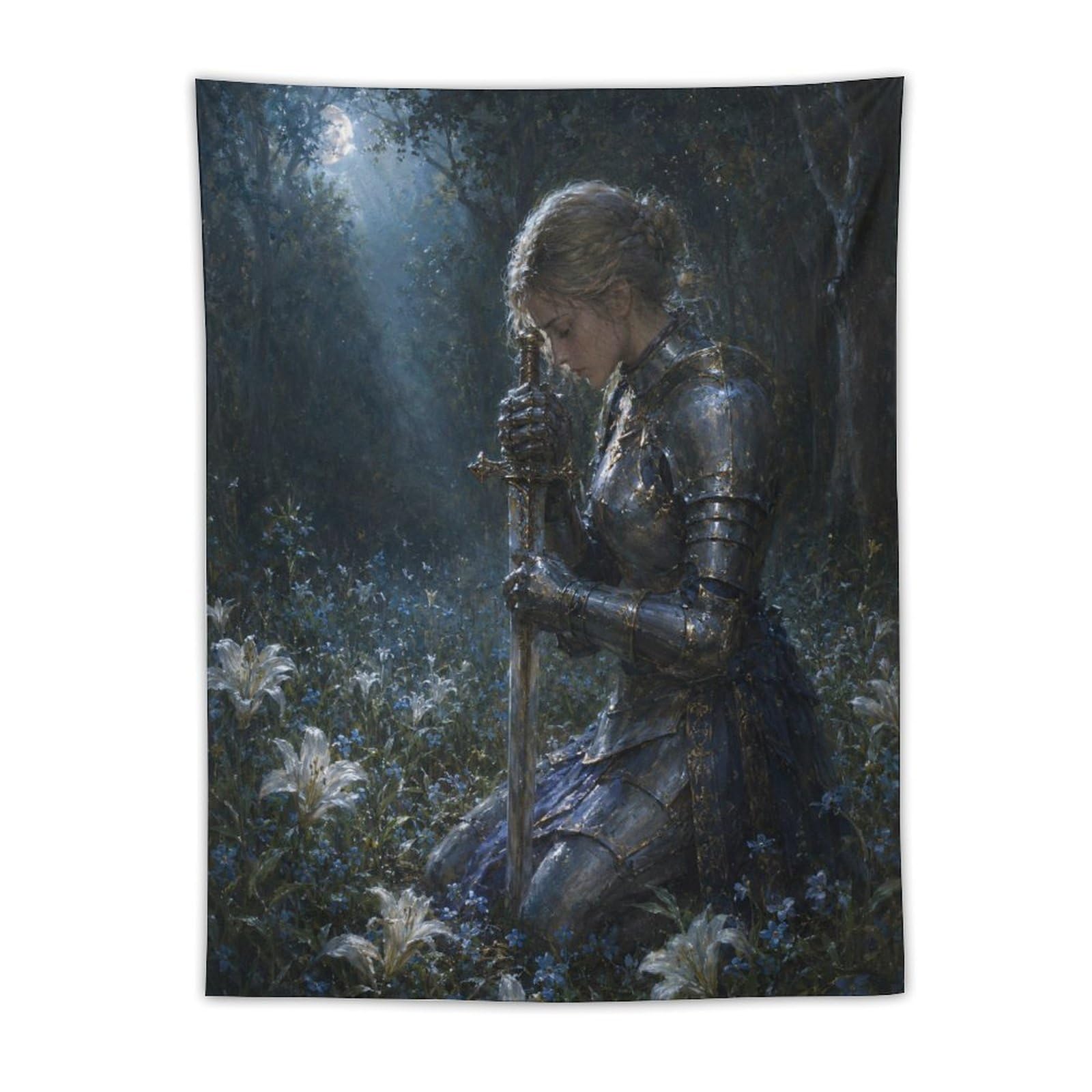 W7C8U2X3 Medieval Female Knight Moonlit Wall Tapestry, Dorm Room