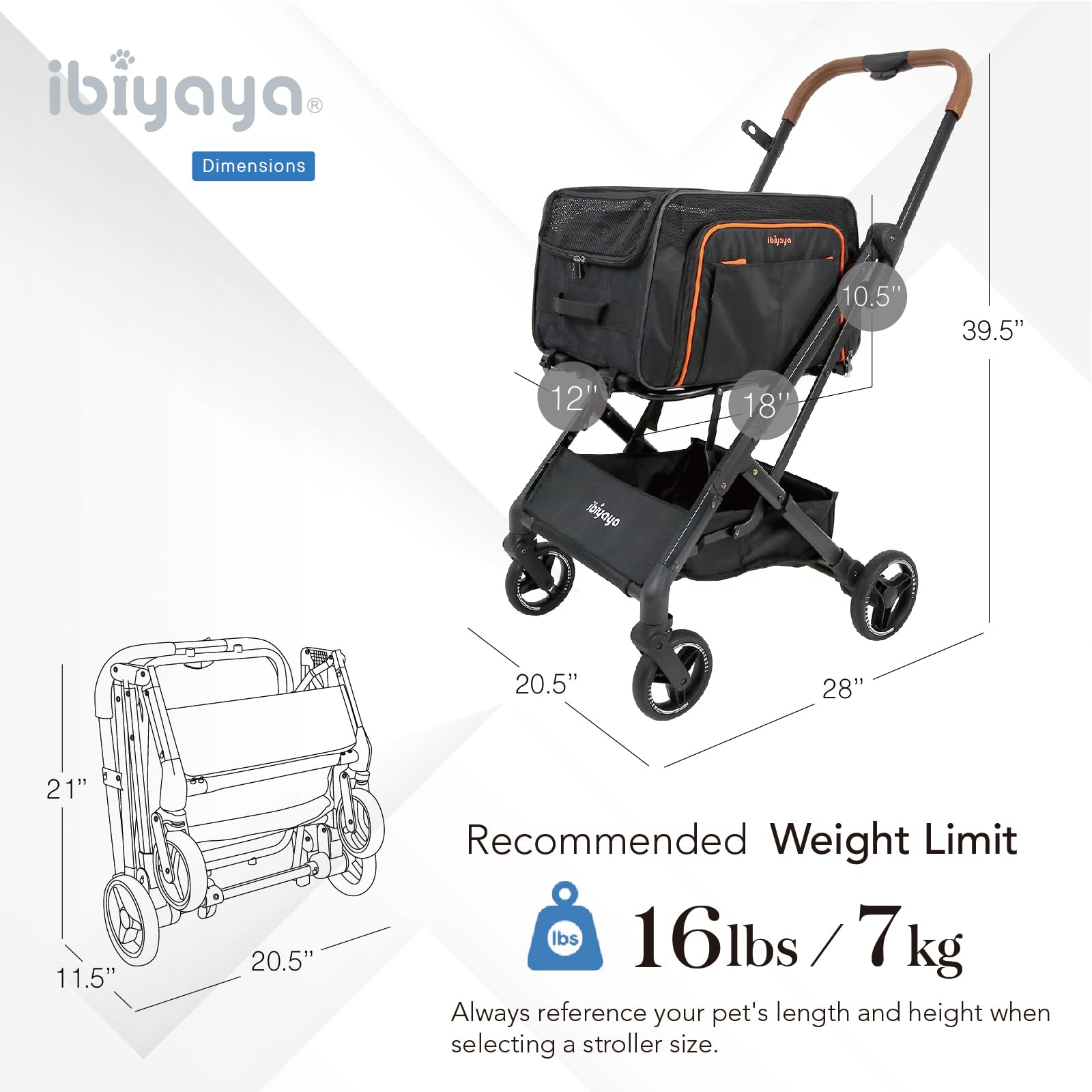 ibiyaya - Compact 3-in-1 Convertible and Foldable Small Pet Carrier and Stroller Combo System, Travel Friendly Cat Stroller and Dog Stroller - Pets up to 17 Pounds - Black