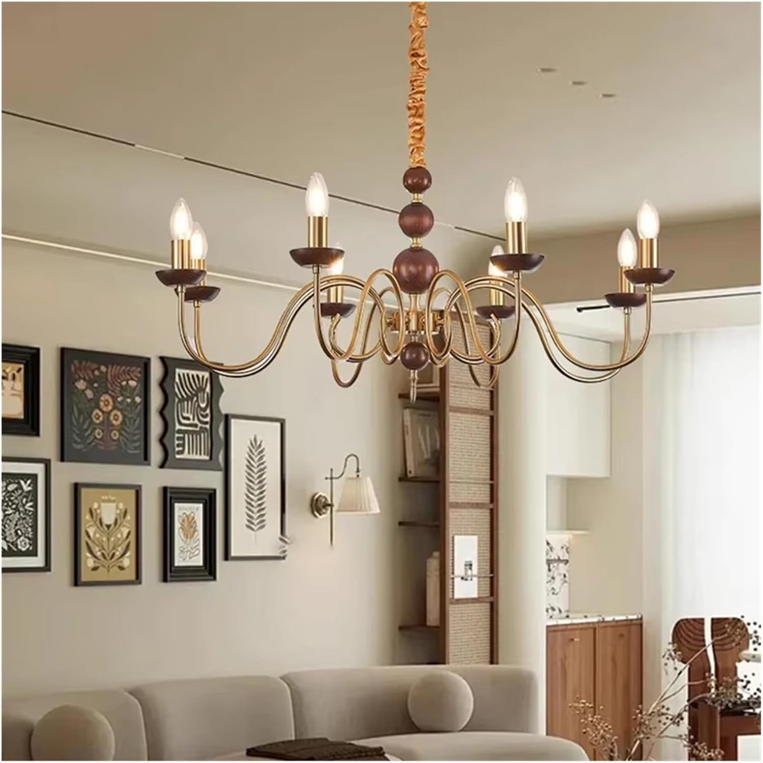 Walnut Wood Brass Candle Chandelier Retro Style Art Design Pendent Light Living Room Dining Room Bedroom Hanging Lamp,luminaire