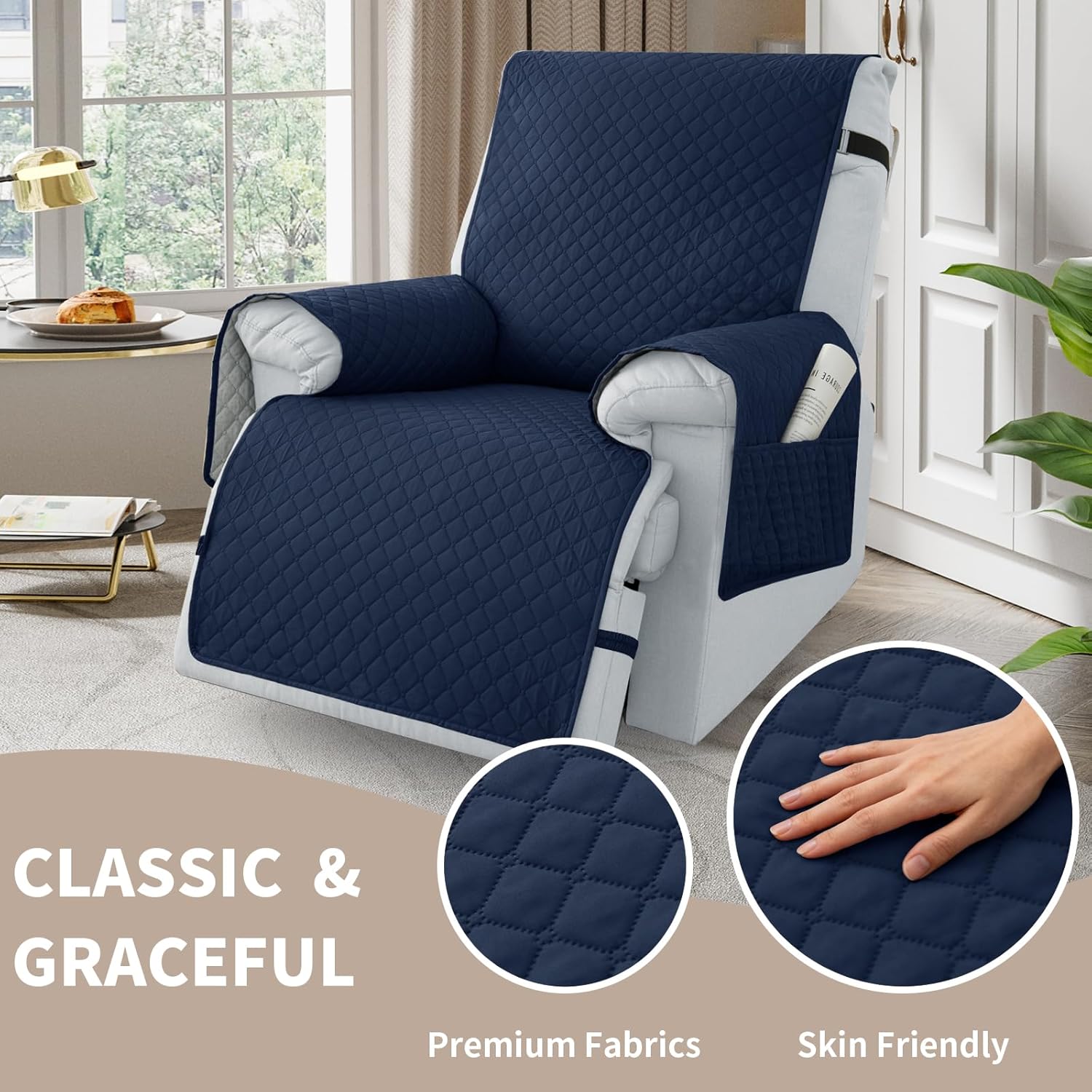 100% Waterproof Recliner Chair Covers 23.6", Non-Slip Recliner Cover for Chair with Pocket Washable Recliner Covers that Stay in Place with Elastic Straps for Dogs Cats Kids Pets-Navy Blue