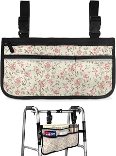 Spring Red Florals Wheelchair Side Bag Walker Bag, Vintage Summer Flowers Wheelchair Accessories Armrest Pouch, Organizer Storage Bag for Walkers, Rollators, Scooters, 7.3'x13'