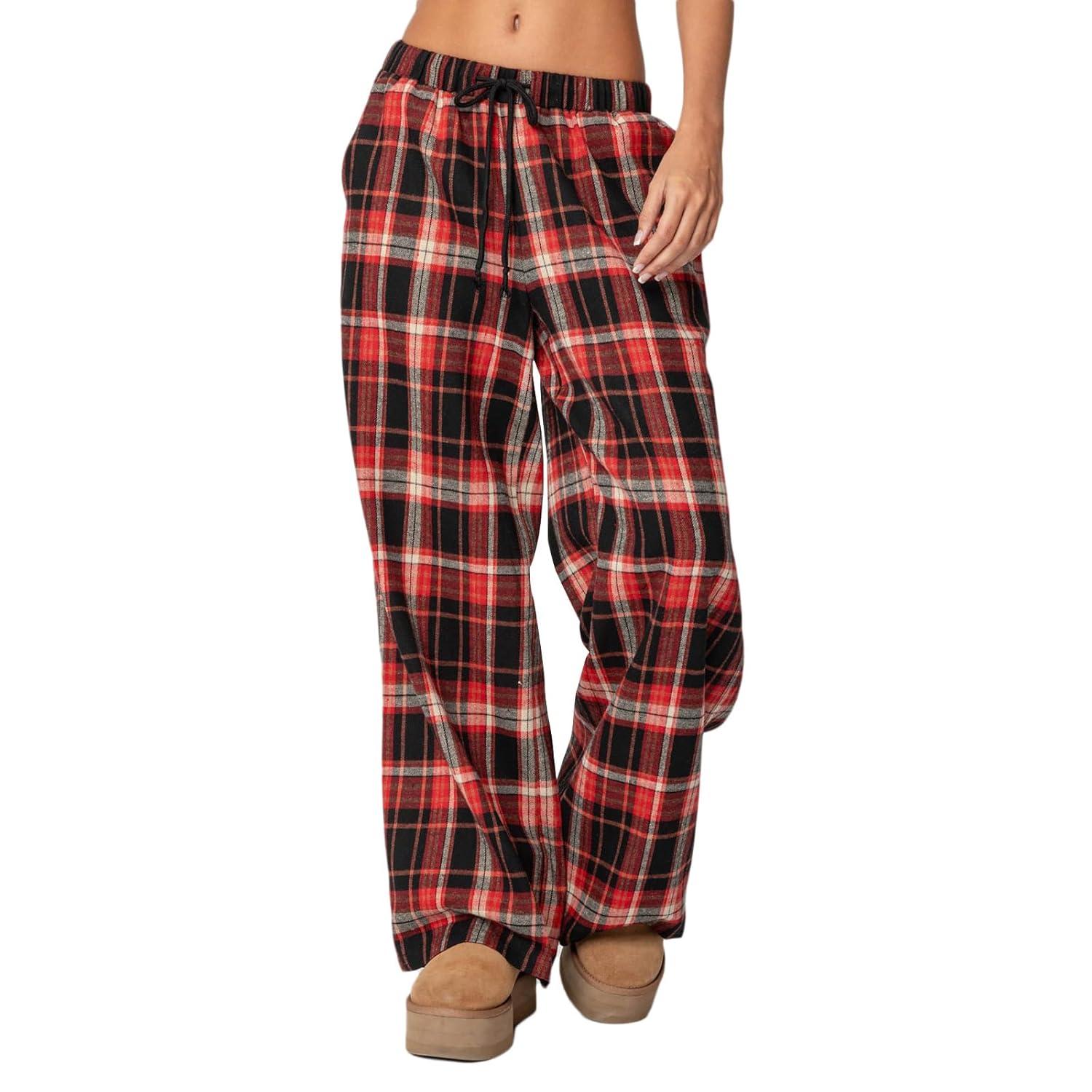 Women Plaid Wide Leg Pants Y2k High Waist Straight Baggy Trousers Casual Drawstring Elastic Loose Gingham Pants