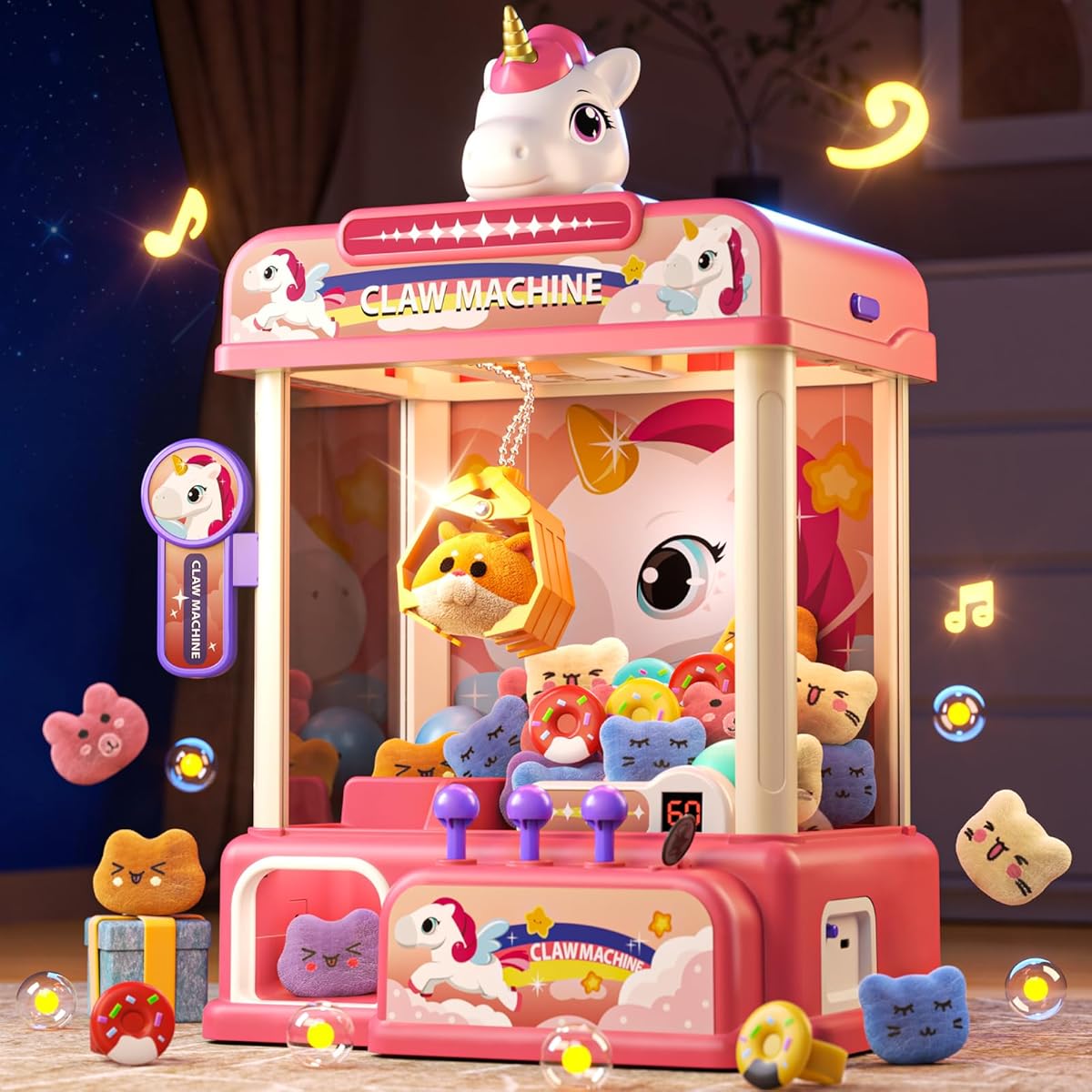 Large Unicarns Claw Machine for Kids, 9.5*7.5*15in Game Machine with Game Coins & Music, Prize Dispenser Toys for Girls and Boys, No Installation Electronic Claw Machine for Party Birthdays