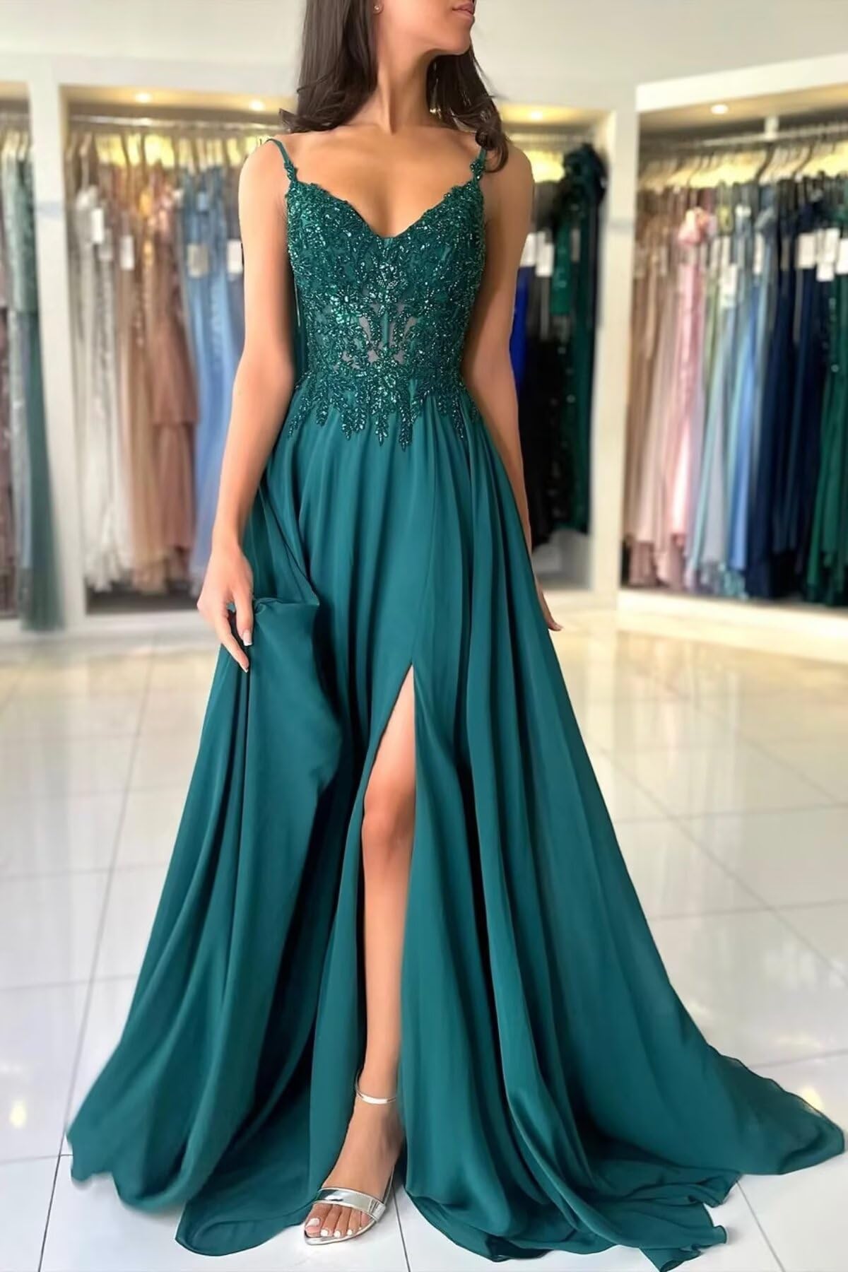 Damen Chiffon Ballkleider Lang V-Ausschnitt Spitzenapplikationen Brautjungfernkleid A-Linie Abendkleider mit Schlitz