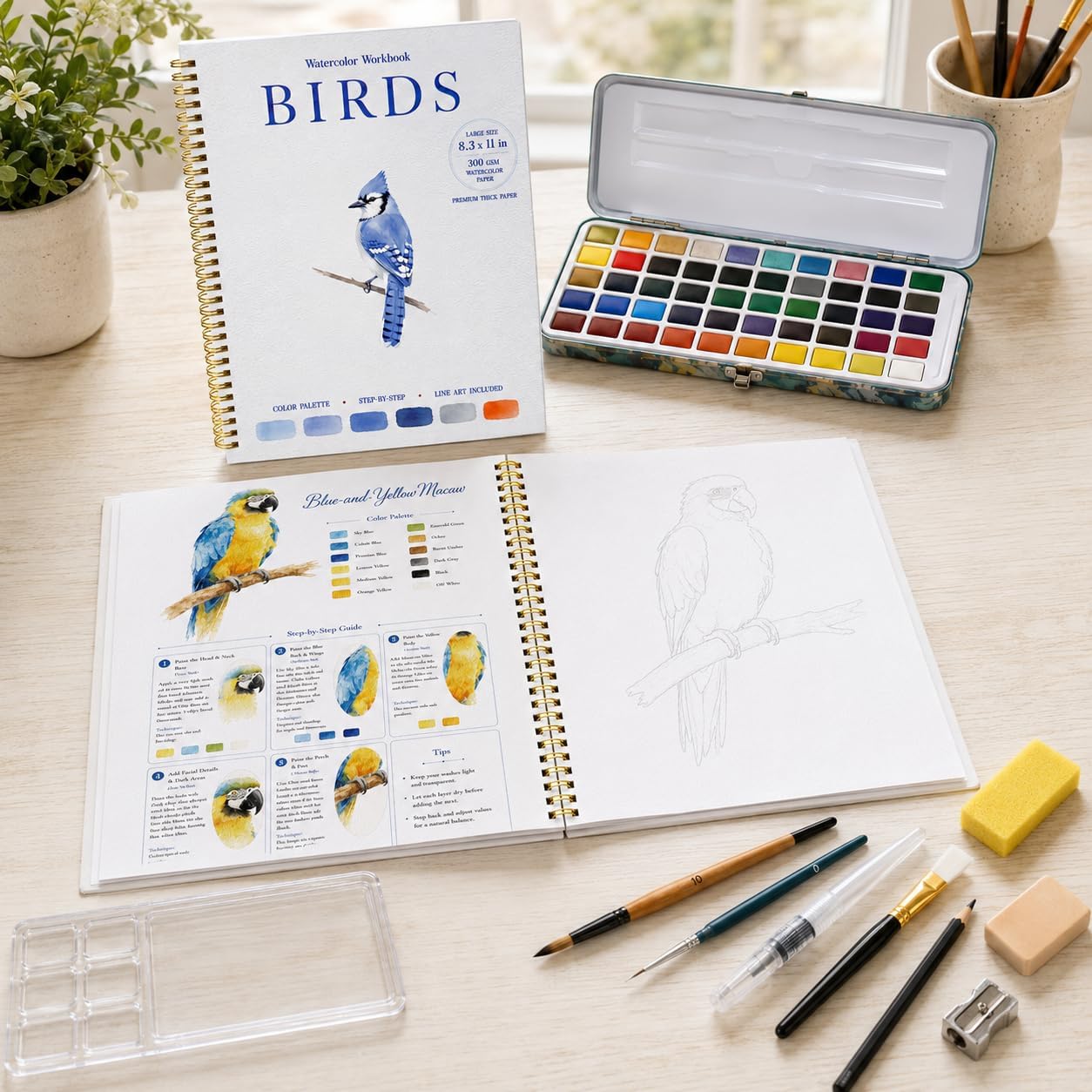 Drawmend Watercolor Workbook for Beginners, 11x8.3 in Large Size Water Coloring Book, 300 GSM Premium Thick Paper Lay-Flat Spiral for Adult,12 Step-by-Step Projects (Birds, Without Palette)